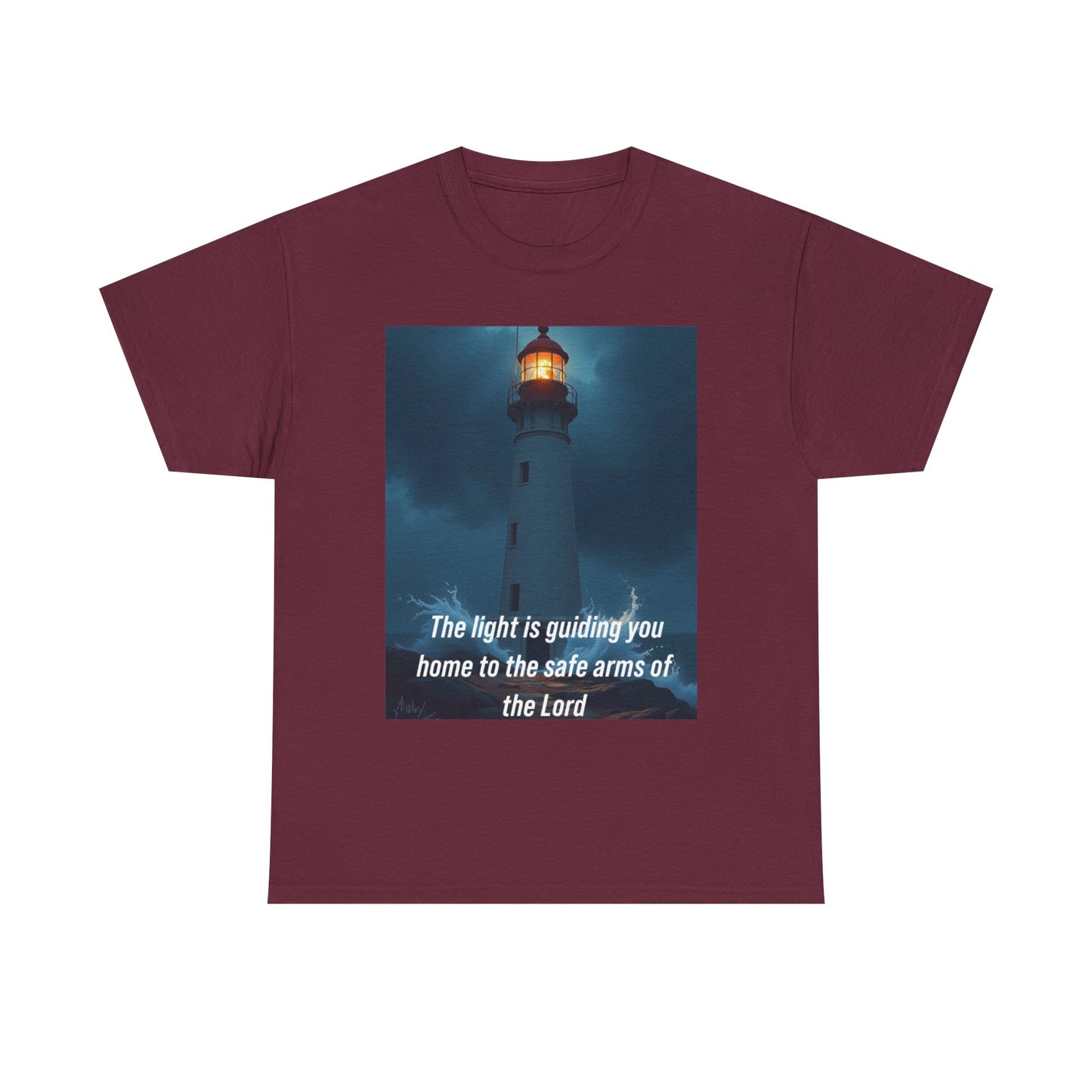 Christian Lighthouse T-Shirt — "The light is guiding you home to the safe arms of the Lord"