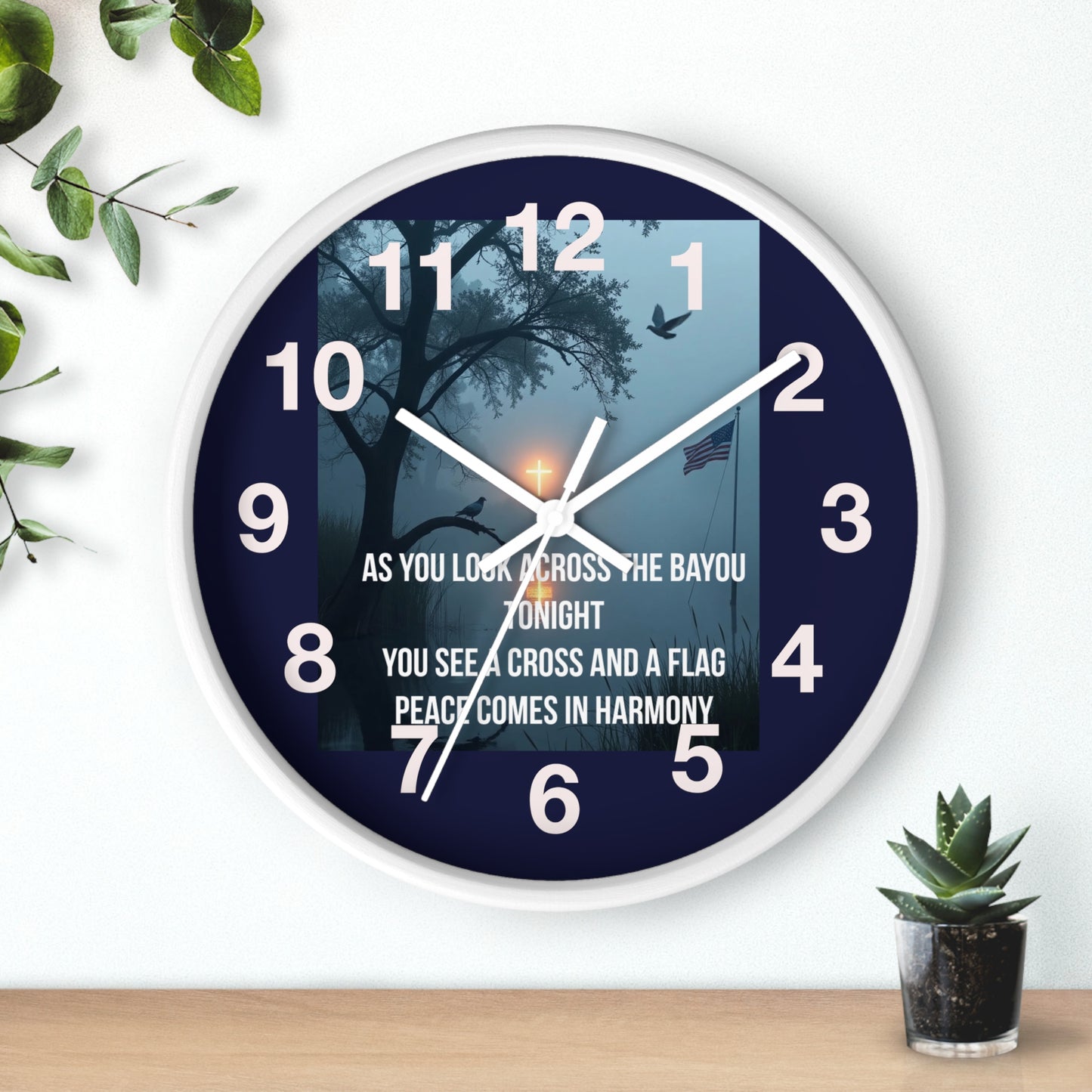 Bayou Cross & Flag Wall Clock — Patriotic Peaceful Sunset Decor