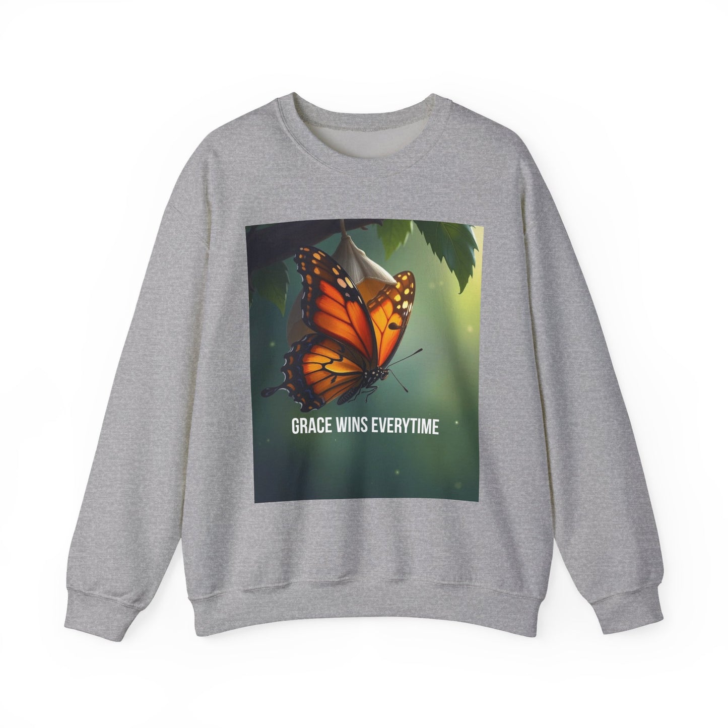 Crewneck Sweatshirt — Grace Wins Everytime Monarch Butterfly Inspirational Tee
