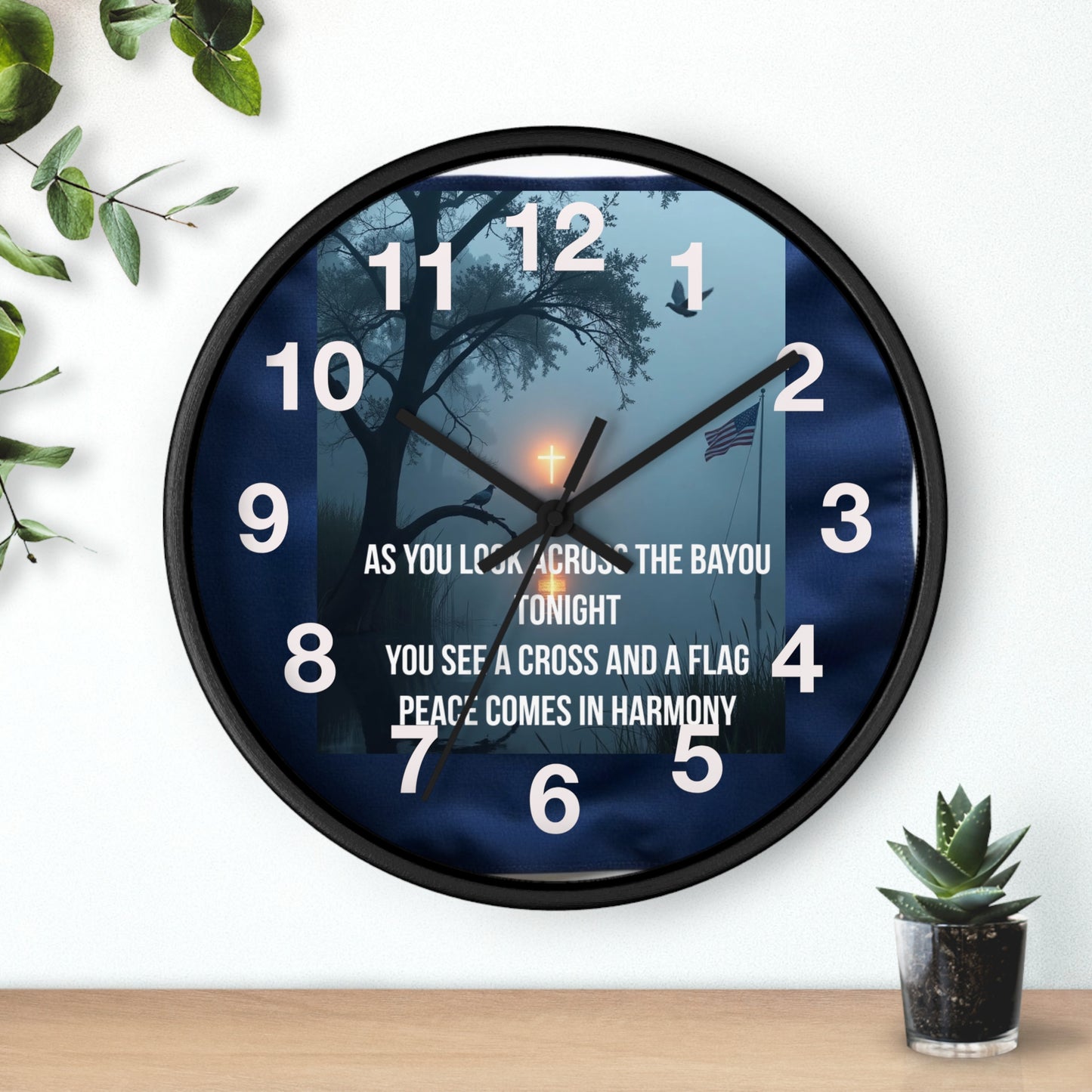 Bayou Cross & Flag Wall Clock — Patriotic Peaceful Scene with Lyrics