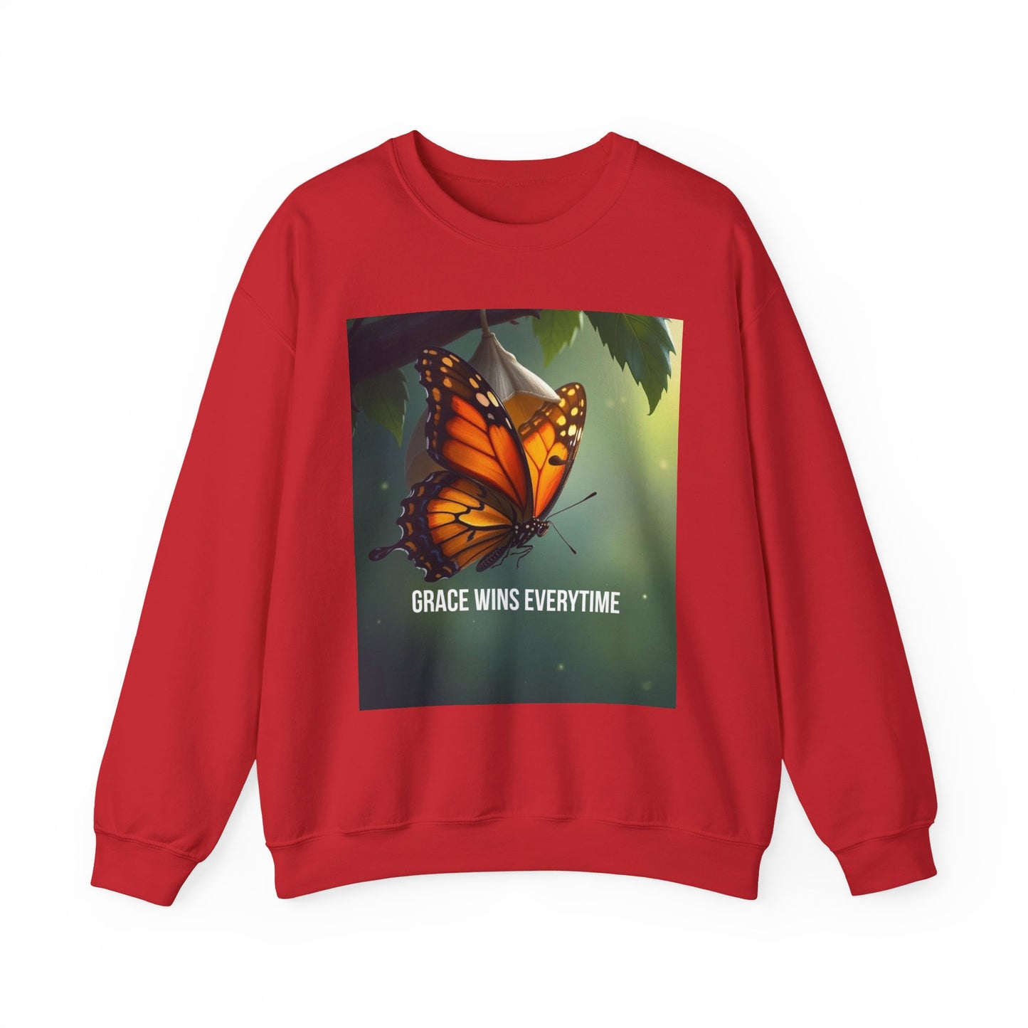 Crewneck Sweatshirt — Grace Wins Everytime Monarch Butterfly Inspirational Tee