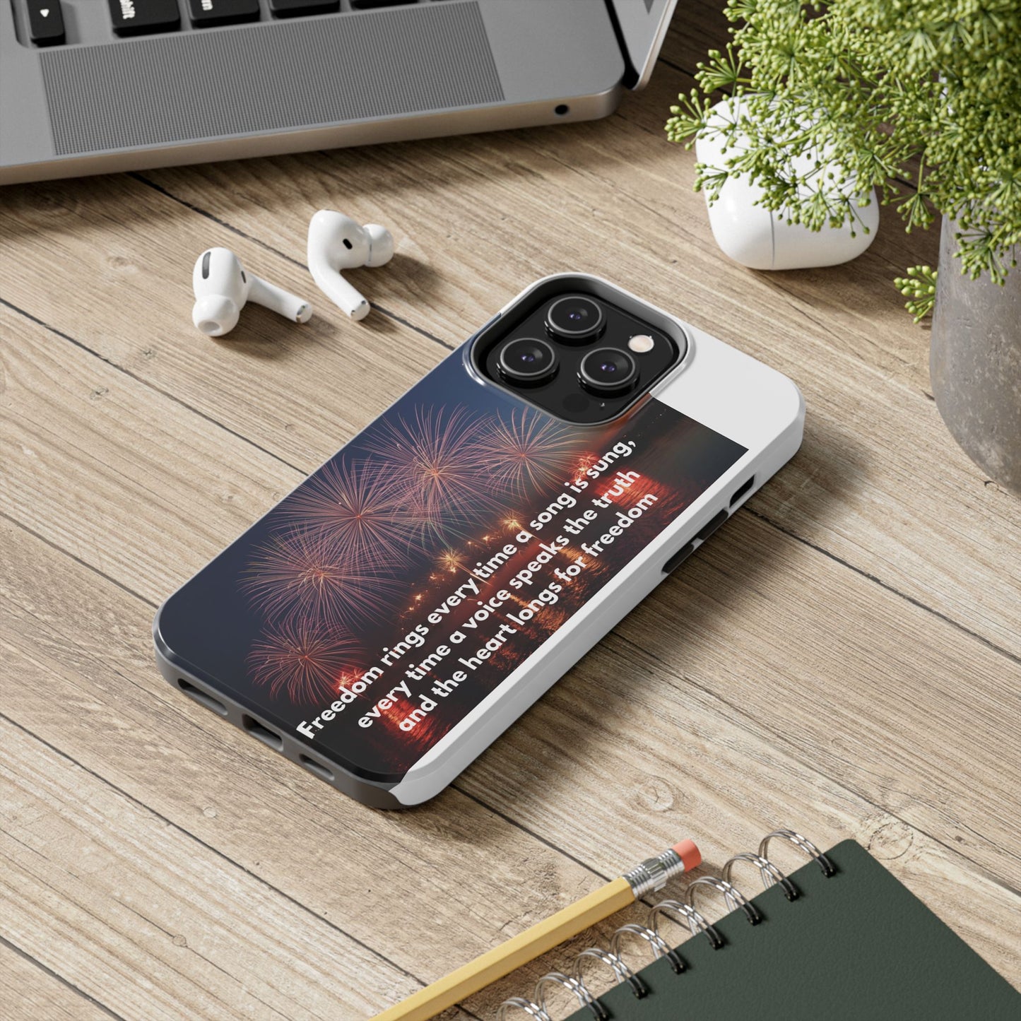 Patriotic Fireworks Tough Phone Case — "Freedom" Quote Protective Cover