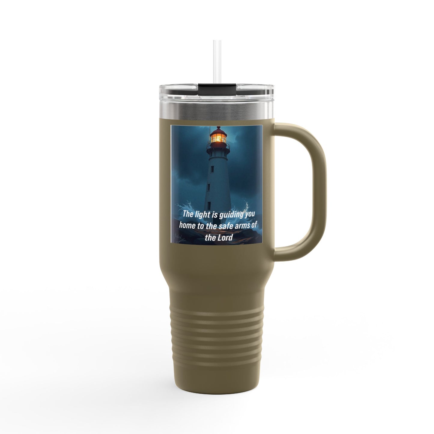 40oz Insulated Travel Mug – Lighthouse 'The light is guiding you home to the safe arms of the Lord'