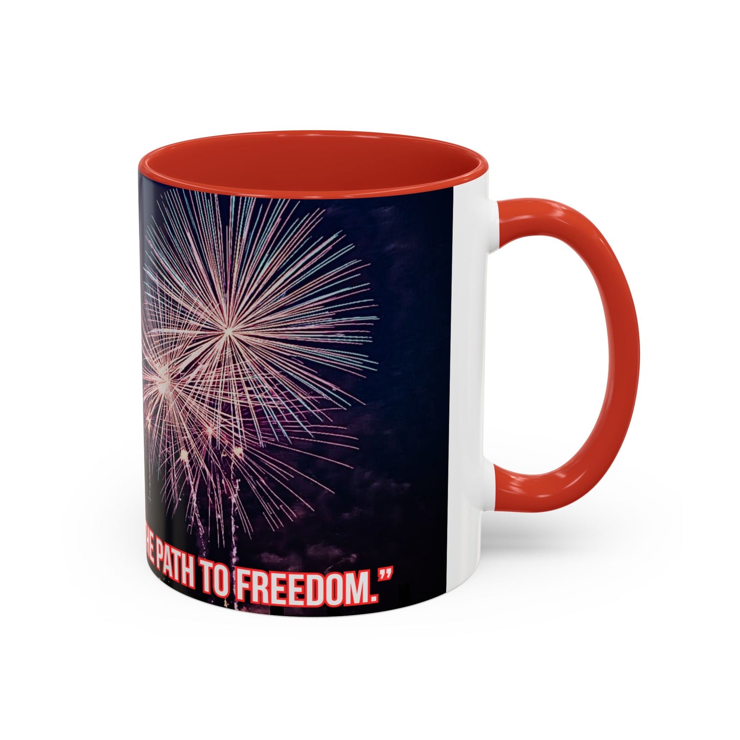 Fireworks Accent Coffee Mug — Inspirational "Lights the Path to Freedom" Design