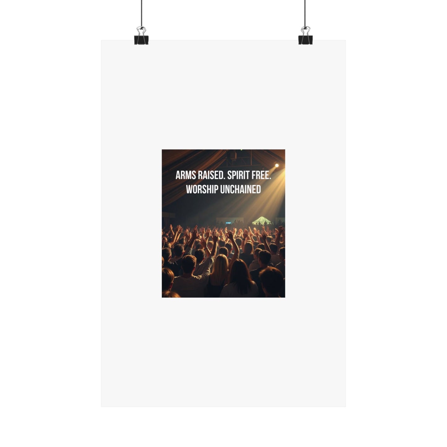 Worship Unchained Satin Poster — Concert Crowd with Lyrics “Arms Raised. Spirit Free.”