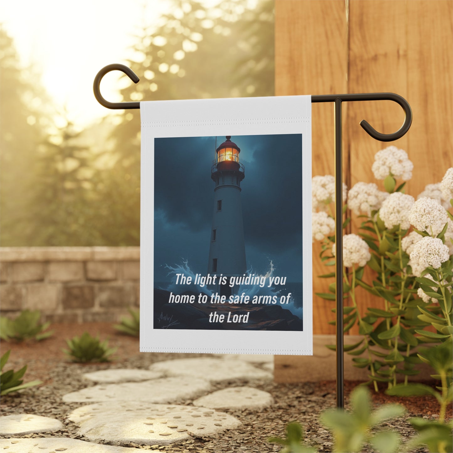 Lighthouse Garden Flag - "The light is guiding you home to the safe arms of the Lord" Inspirational Yard Banner