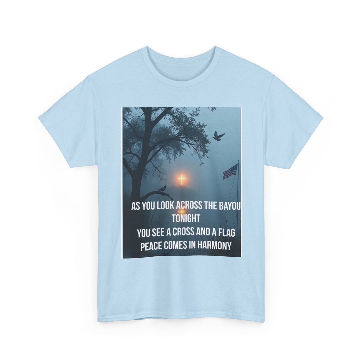 T-Shirt — Bayou Sunset Cross & Flag Graphic Tee ("As You Look Across the Bayou Tonight")