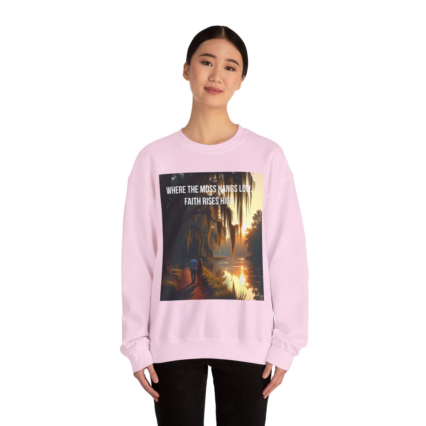 Inspirational Southern Bayou Sweatshirt — "Where the Moss Hangs Low, Faith Rises High"