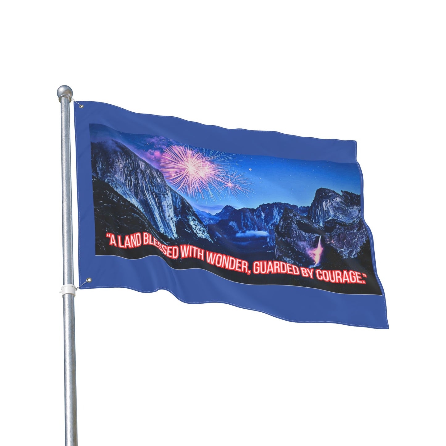 Patriotic Fireworks Yosemite Double-Sided Flag — "A Land Blessed With Wonder, Guarded By Courage"
