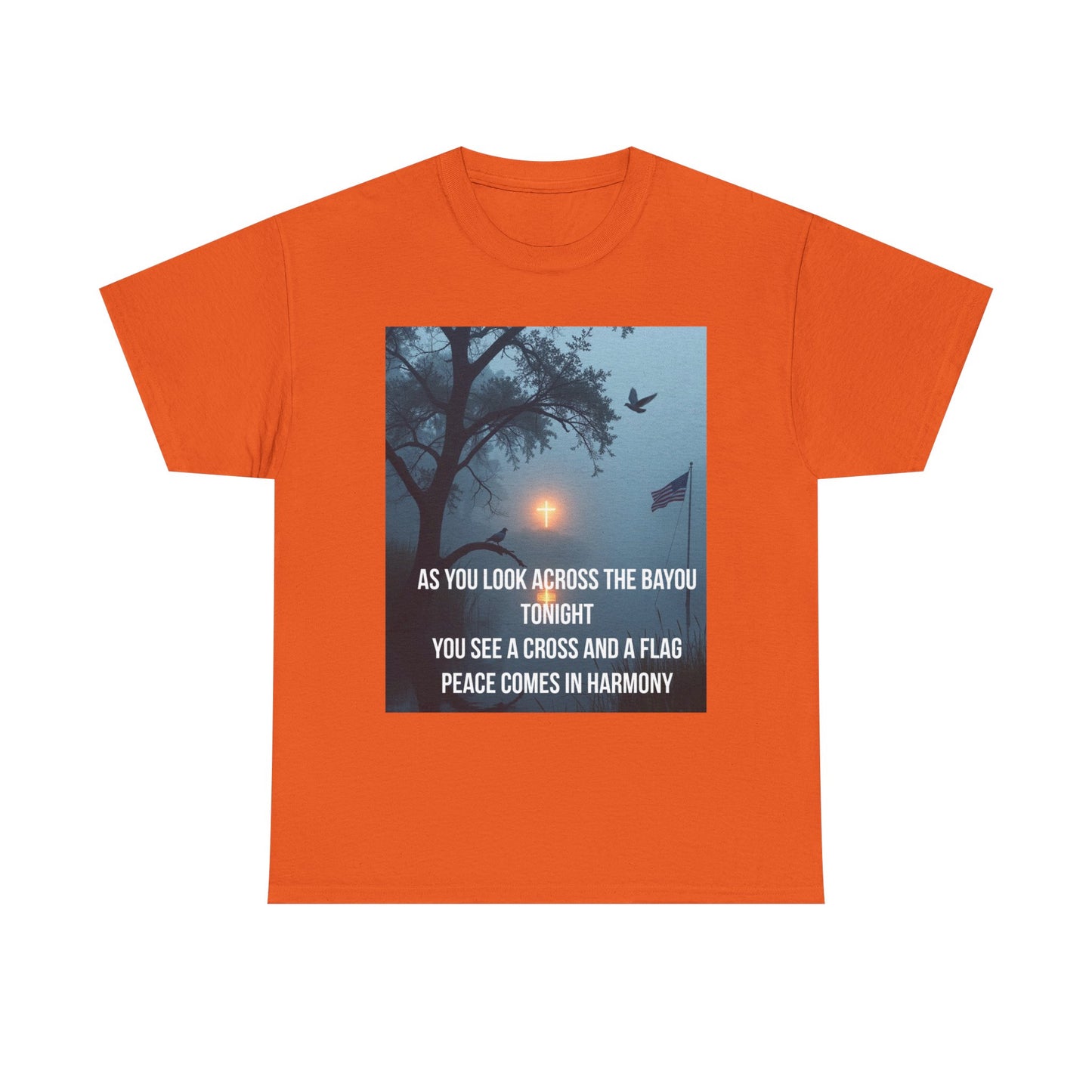 T‑Shirt — Bayou Cross & Flag Scene with Lyrics: “As You Look Across the Bayou Tonight”