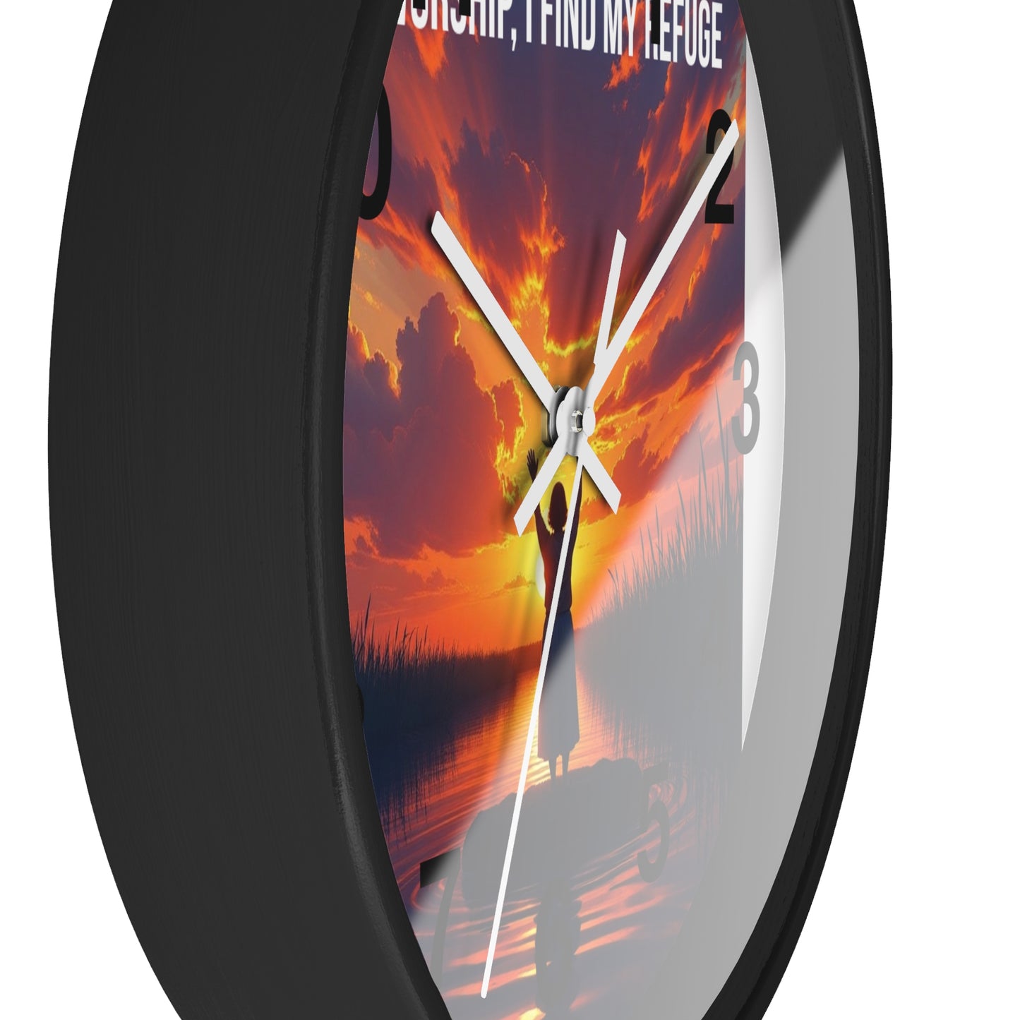 Wall Clock — "In Worship, I Find My Refuge" Sunset Silhouette Christian Clock