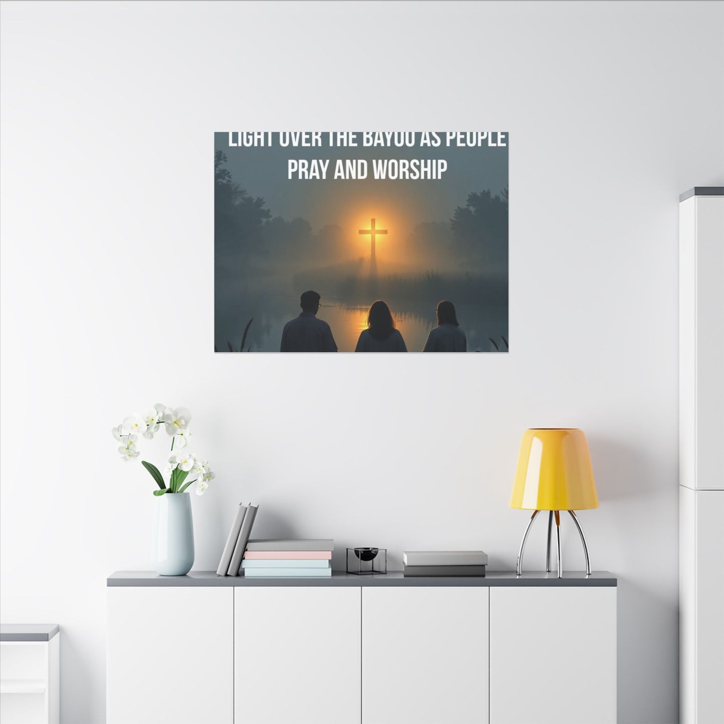 Faith Wall Art Canvas — “The Light of the Cross Puts Light Over the Bayou as People Pray and Worship”