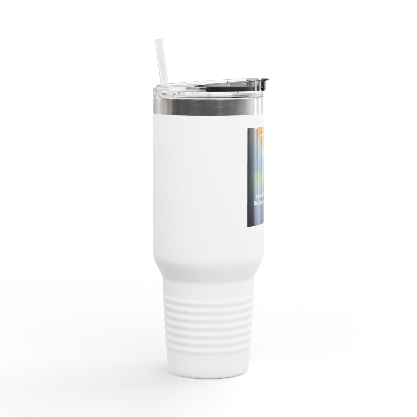 40oz Insulated Travel Mug — Tropical Sunset Scenic Design with Inspirational Quote