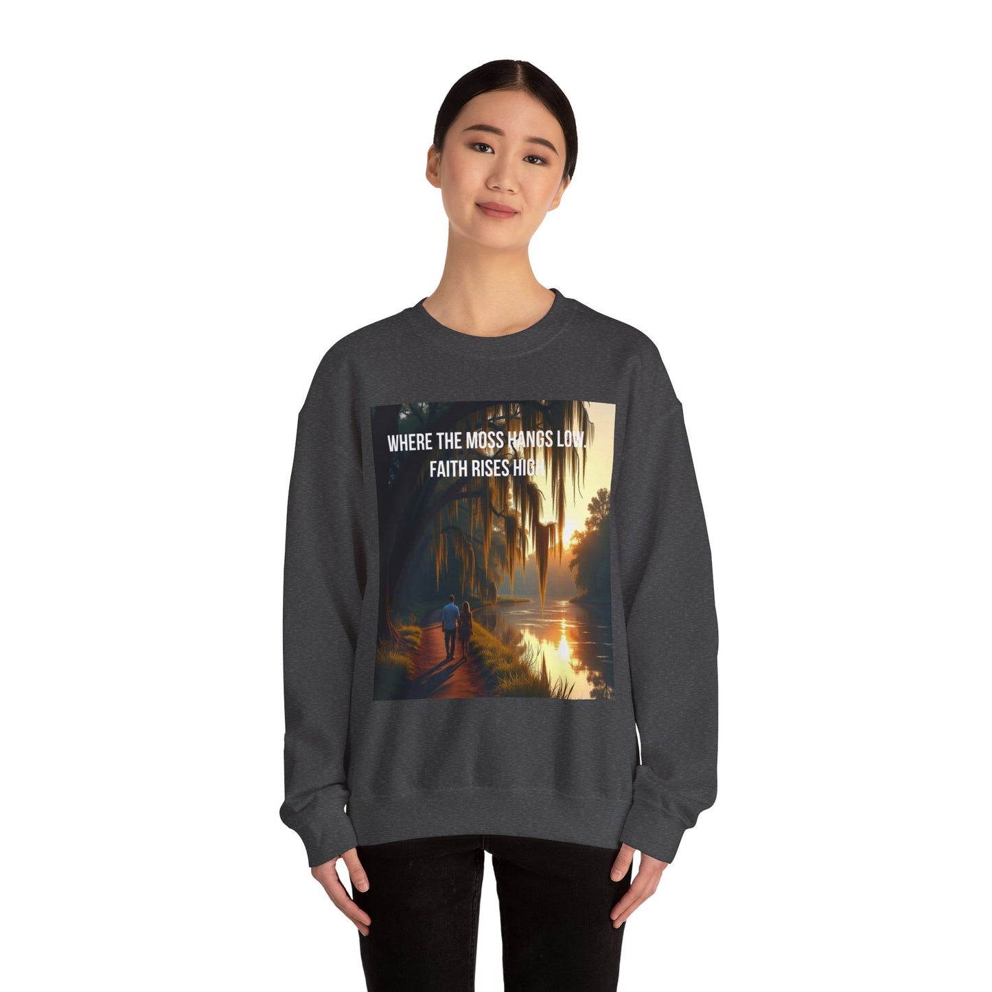 Inspirational Southern Bayou Sweatshirt — "Where the Moss Hangs Low, Faith Rises High"