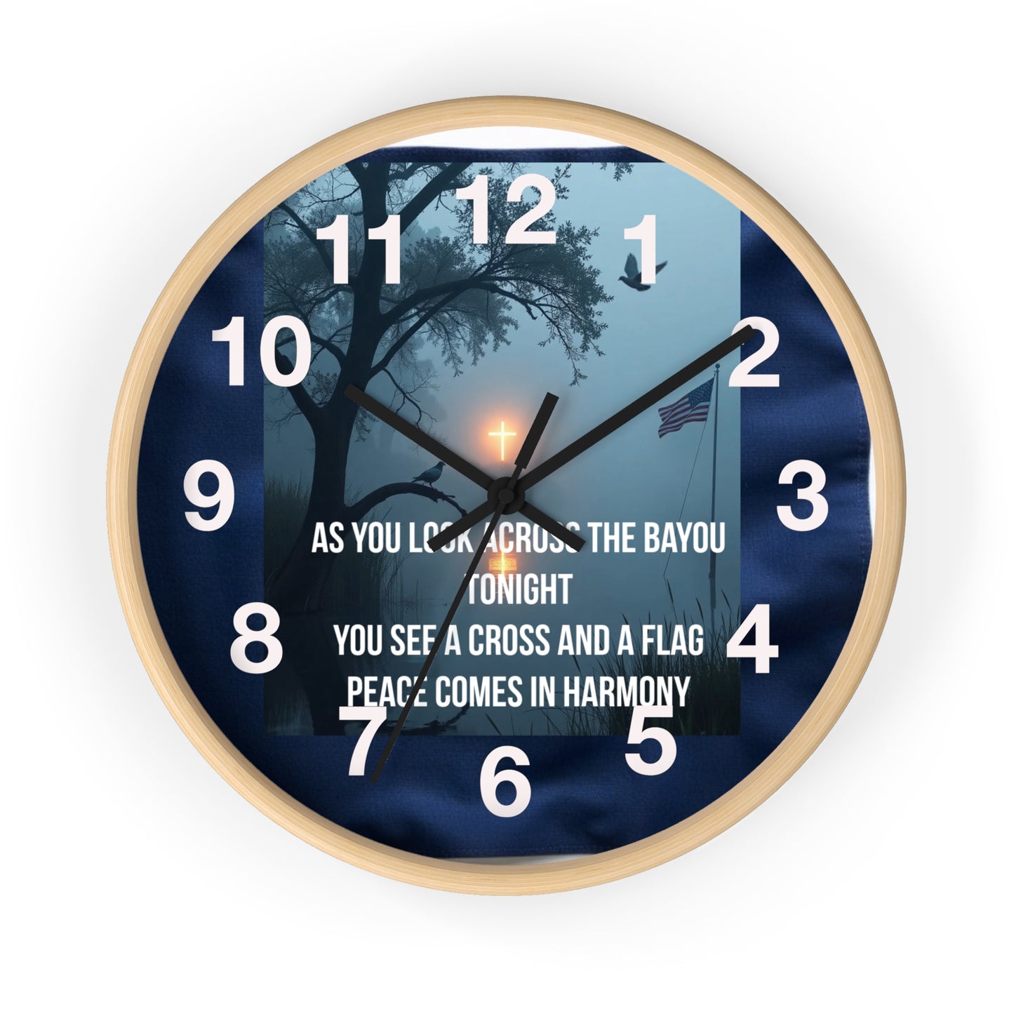 Bayou Cross & Flag Wall Clock — Patriotic Peaceful Scene with Lyrics
