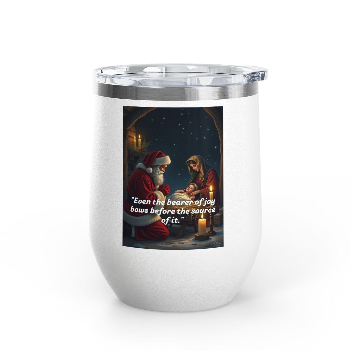 Christmas Wine Tumbler, Santa and Nativity Scene, Holiday Gift, Travel Mug, Wine Cup, Festive Drinkware, Unique Christmas Decor