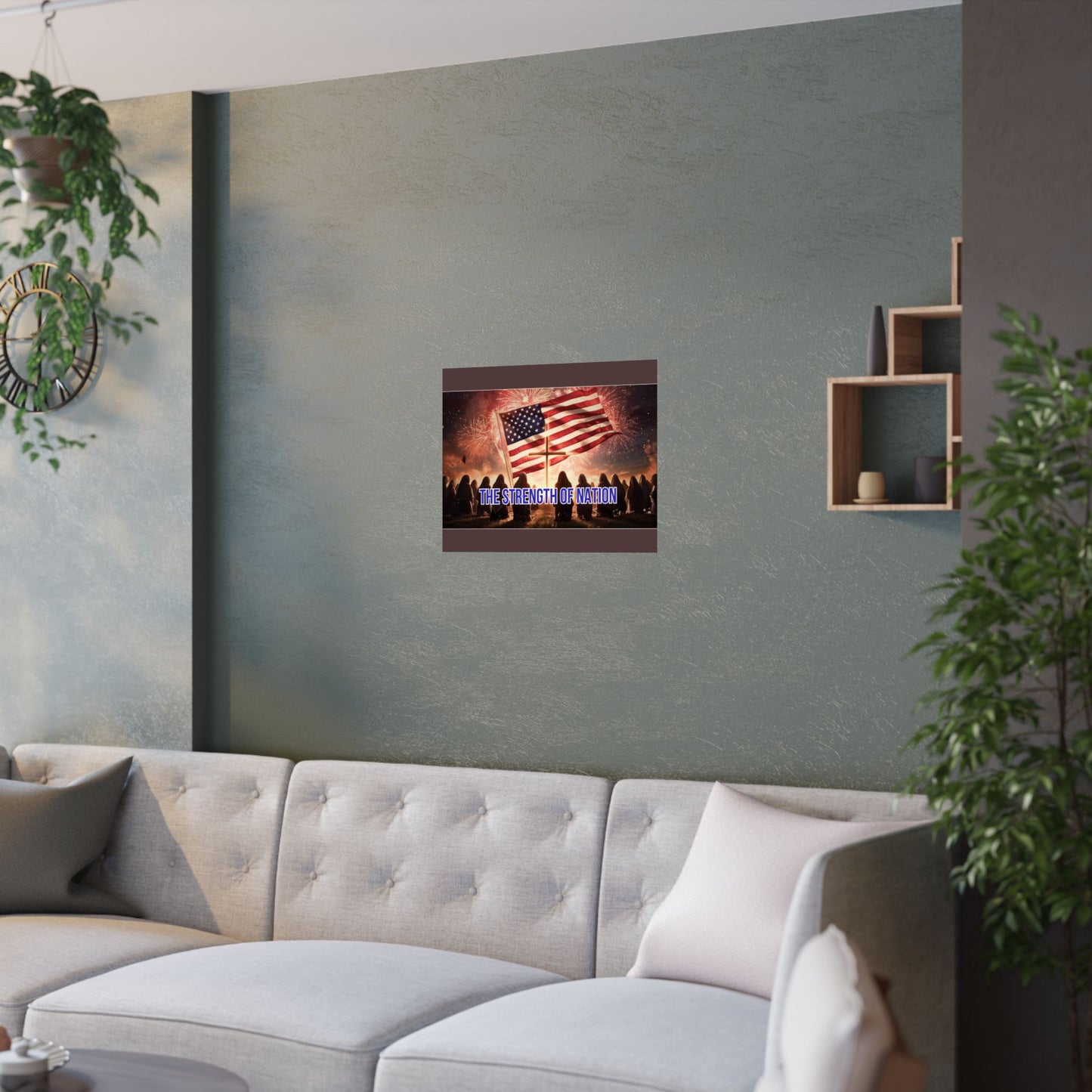 Patriotic Satin Poster — "The Strength of Nation" American Flag Fireworks Wall Art