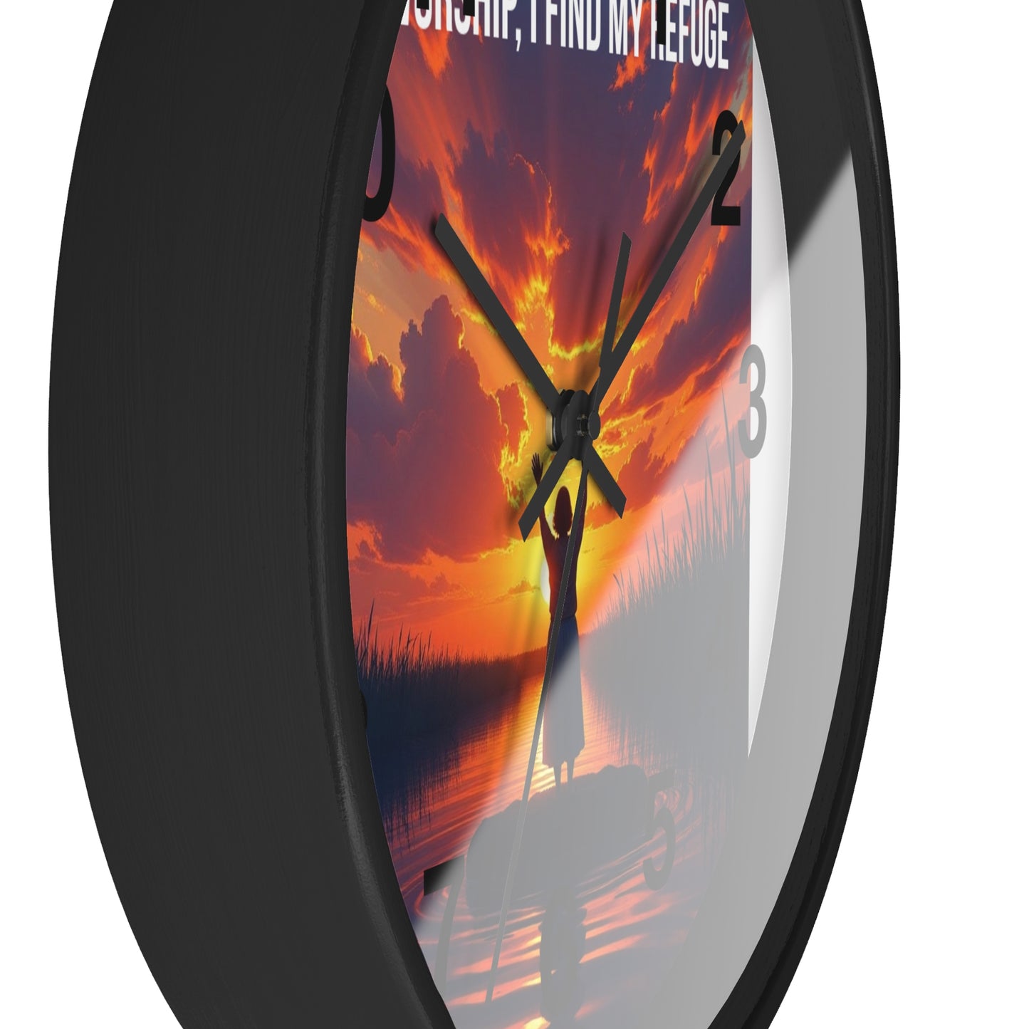 Wall Clock — "In Worship, I Find My Refuge" Sunset Silhouette Christian Clock