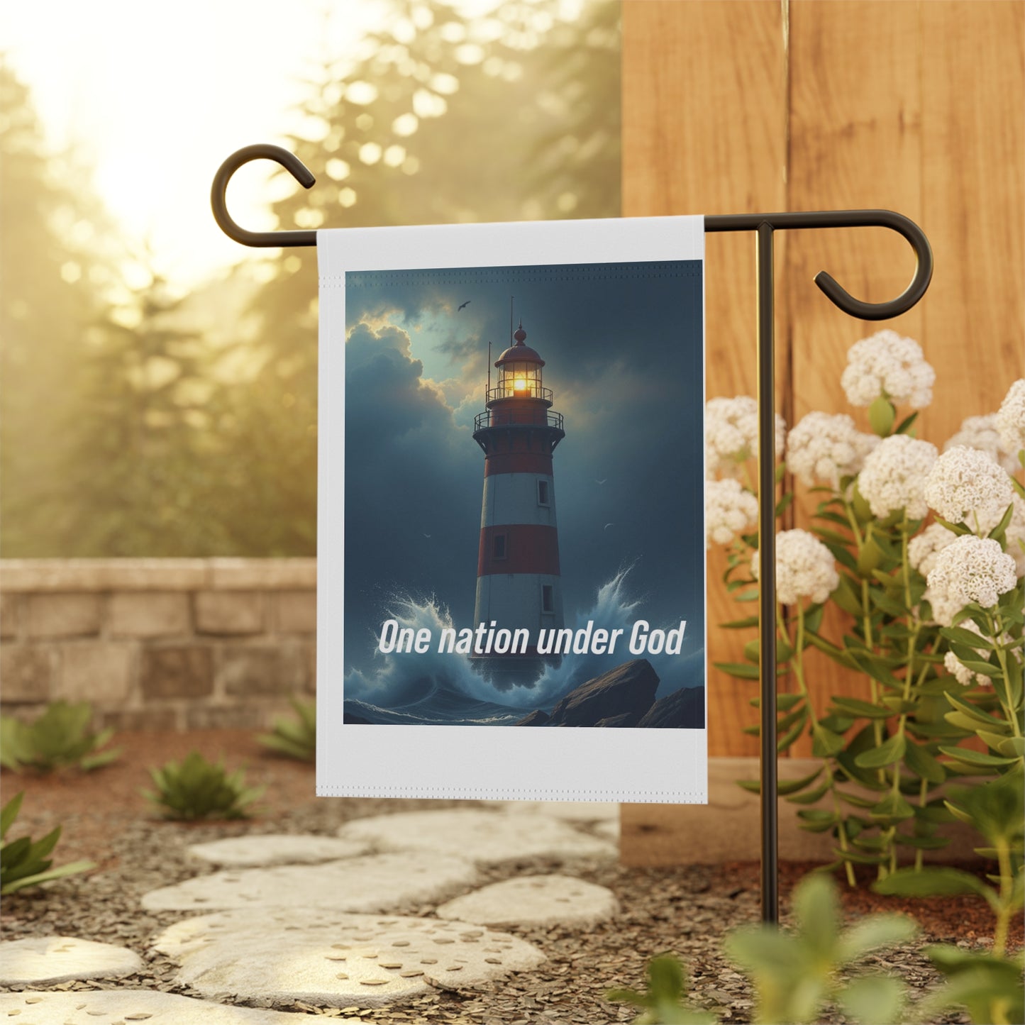 Lighthouse Garden Flag — "One Nation Under God" Patriotic Outdoor Banner