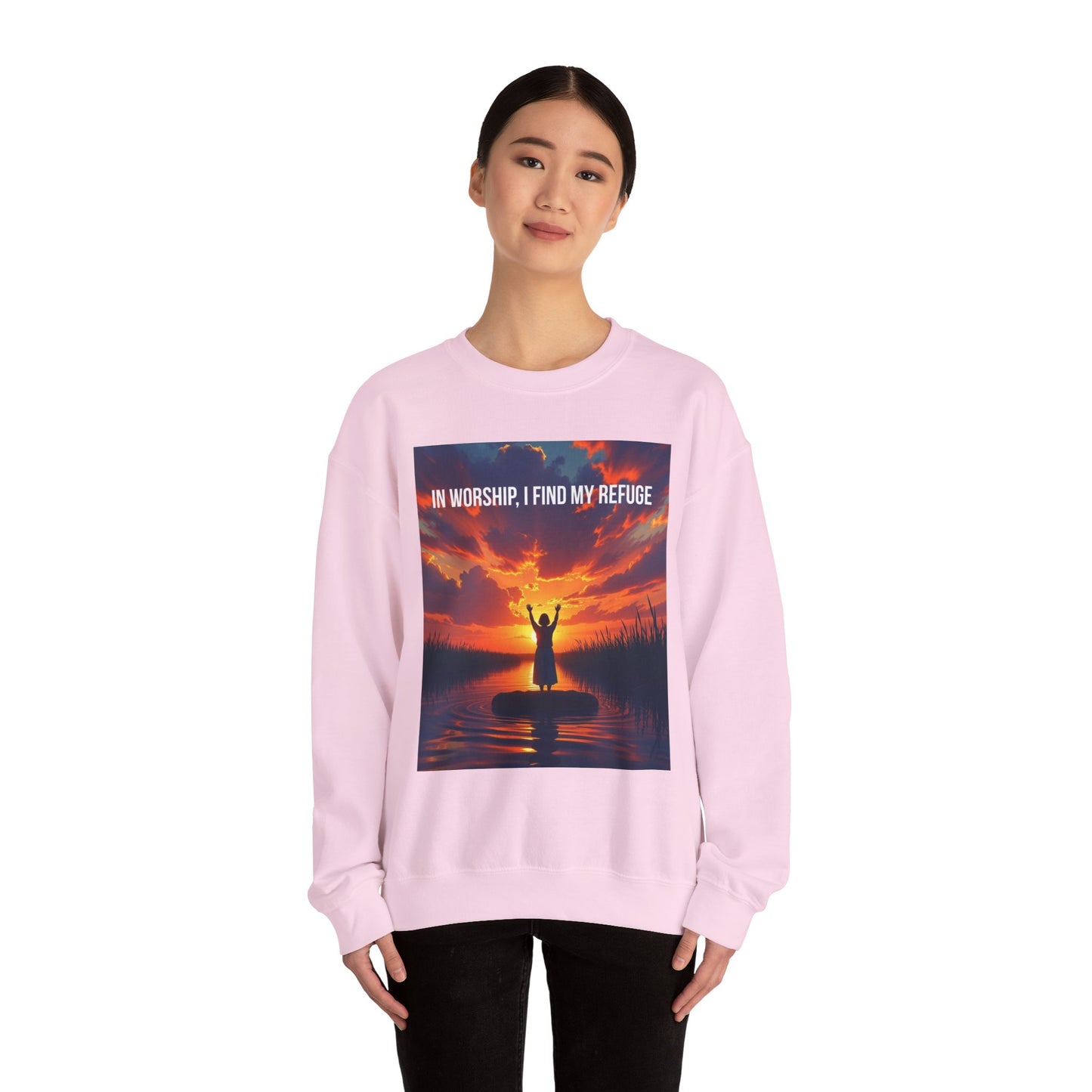 Worship Refuge Crewneck Sweatshirt — "In Worship, I Find My Refuge" Inspirational Faith Sweatshirt