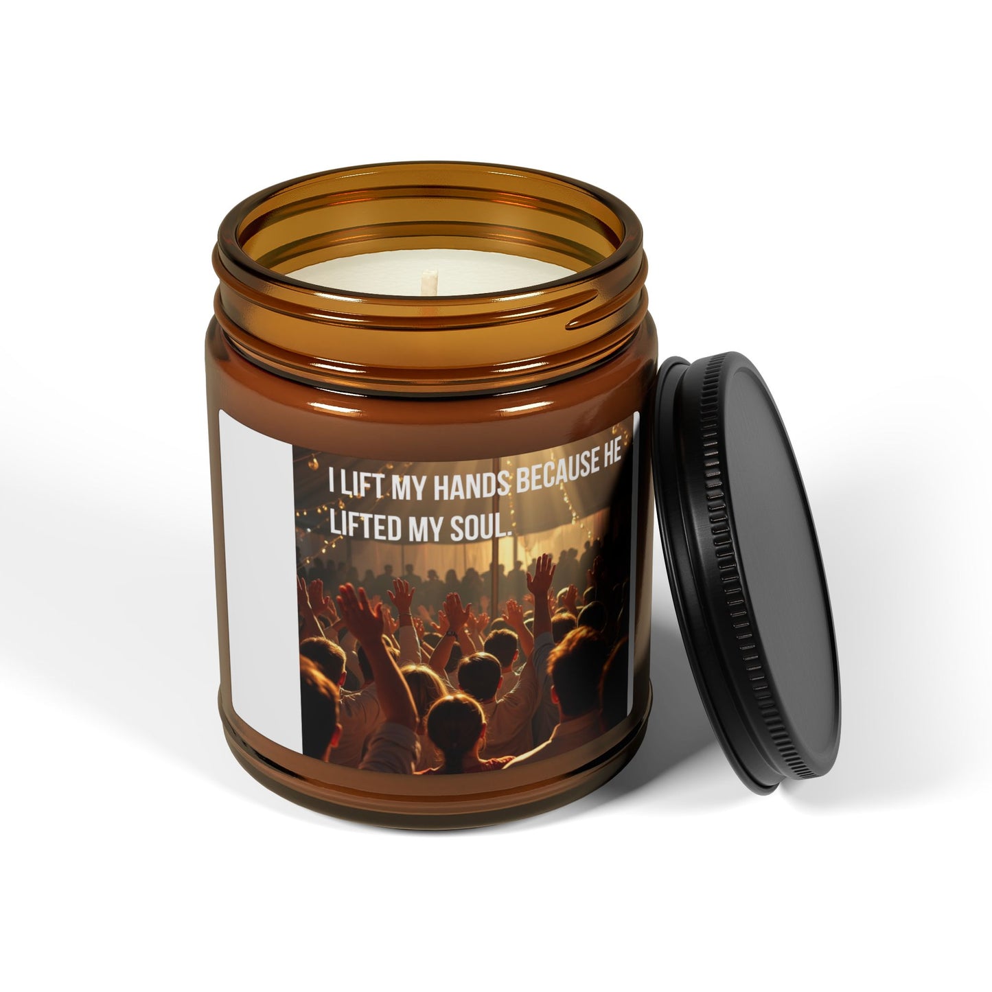 Inspirational Worship Soy Candle — “I Lift My Hands Because He Lifted My Soul” (Amber Jar)