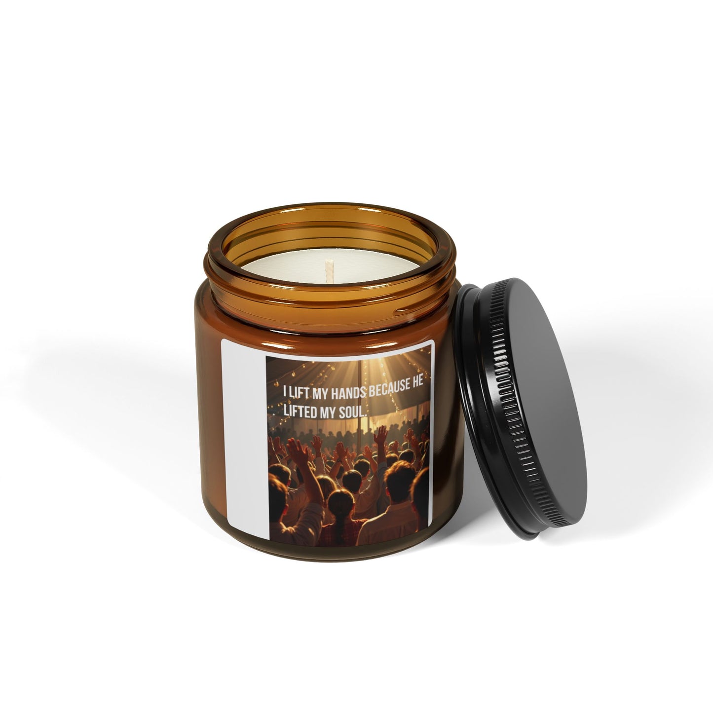 Inspirational Worship Soy Candle — “I Lift My Hands Because He Lifted My Soul” (Amber Jar)