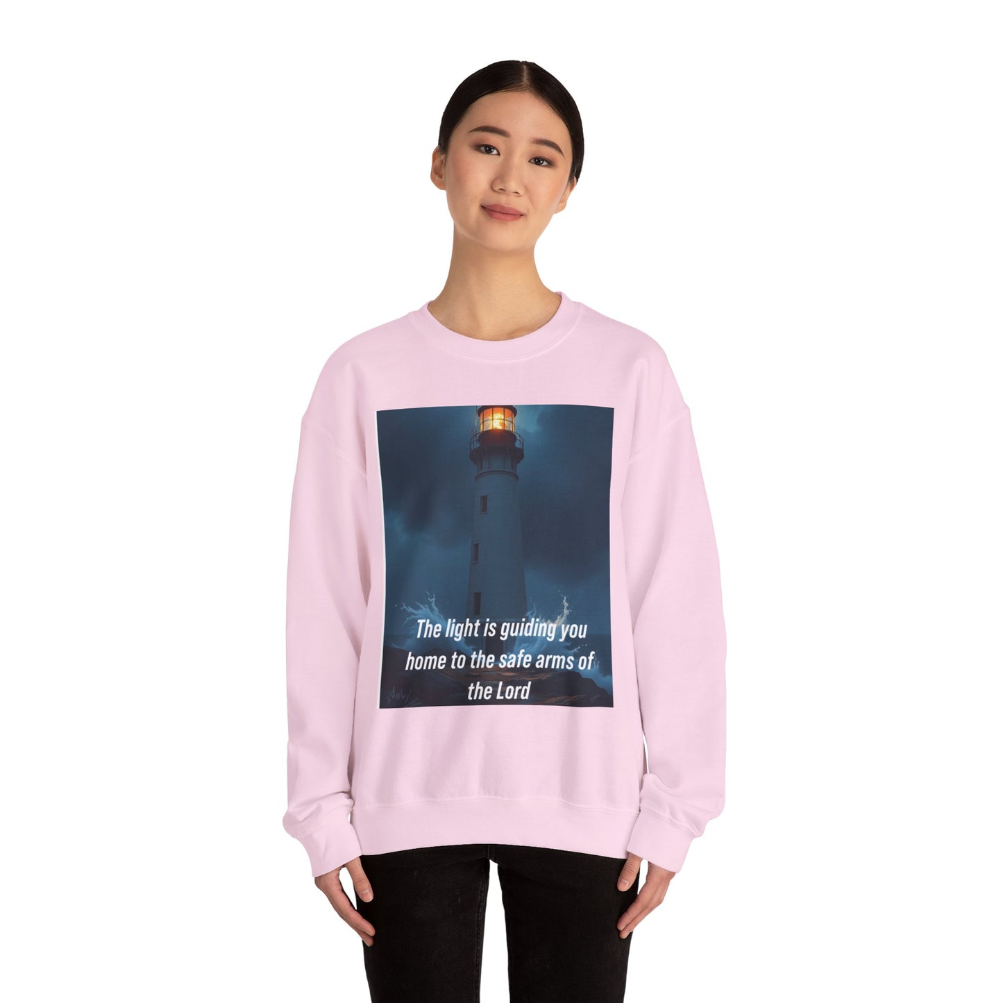 Faith Lighthouse Sweatshirt — "The light is guiding you home to the safe arms of the Lord"