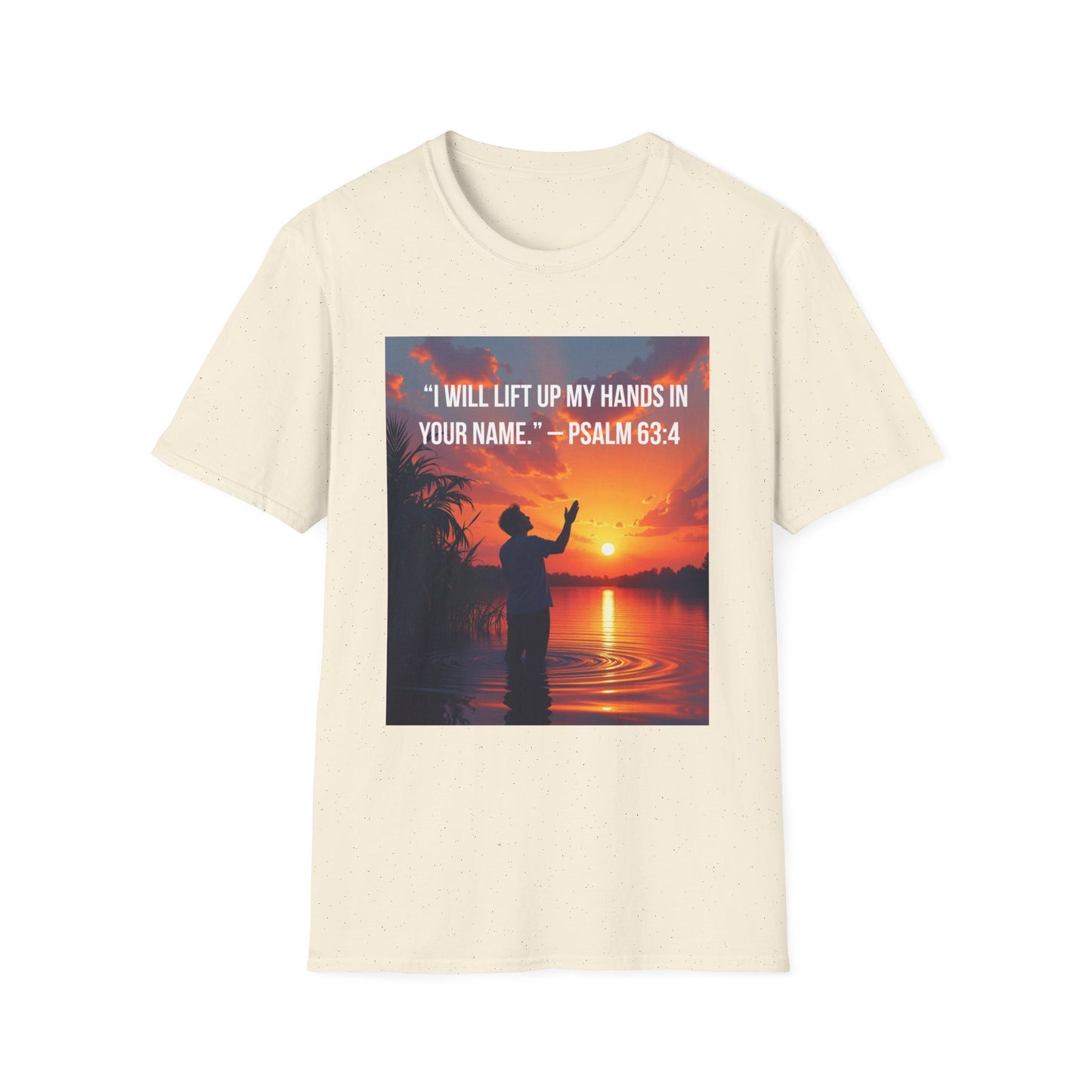 Psalm 63:4 Sunset Prayer T-Shirt — "I Will Lift Up My Hands in Your Name" Christian Tee