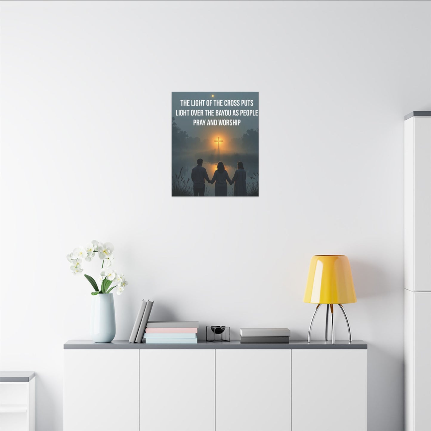 Faith Wall Art Canvas — “The Light of the Cross Puts Light Over the Bayou as People Pray and Worship”