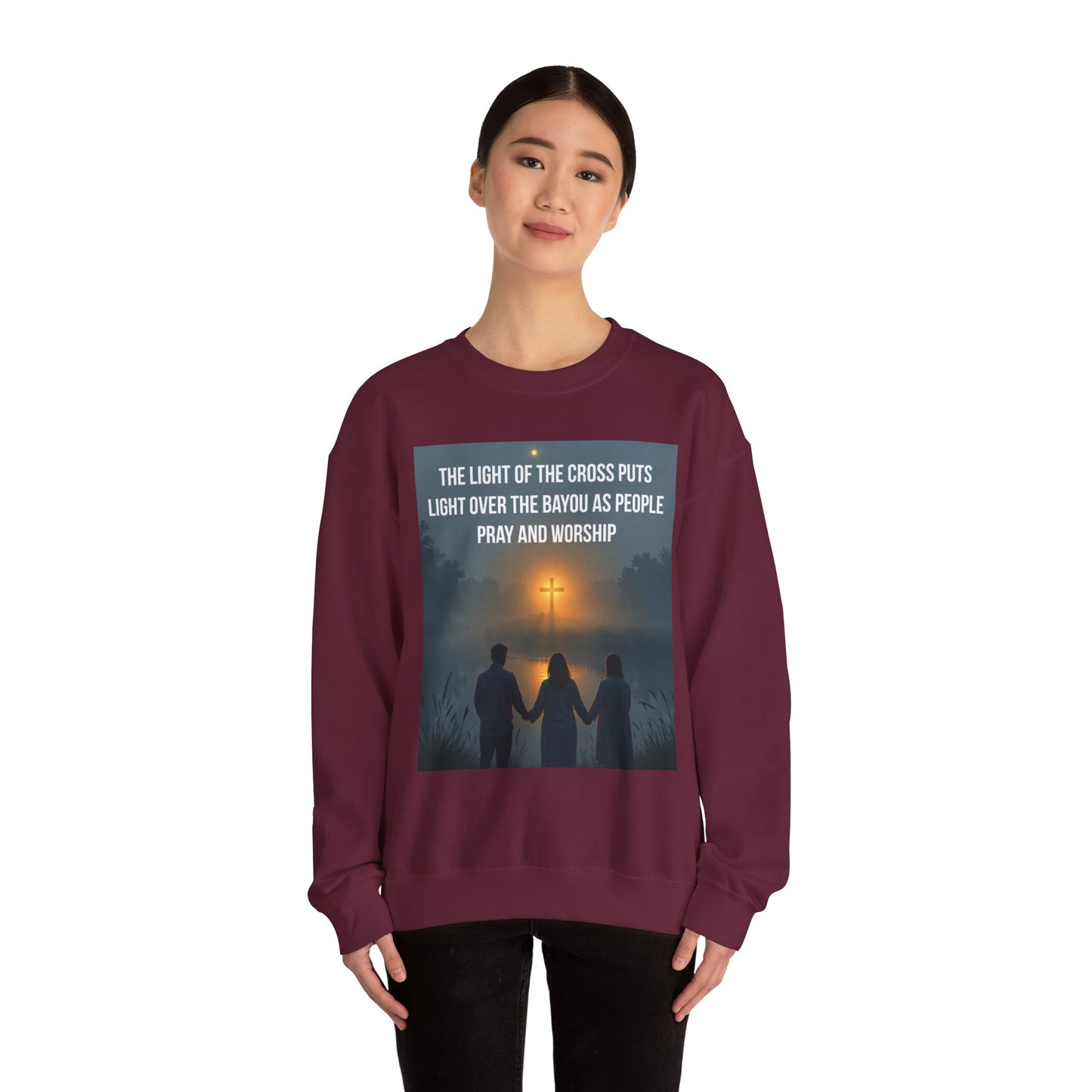 Christian Crewneck Sweatshirt — "The Light of the Cross Puts Light Over the Bayou" Graphic