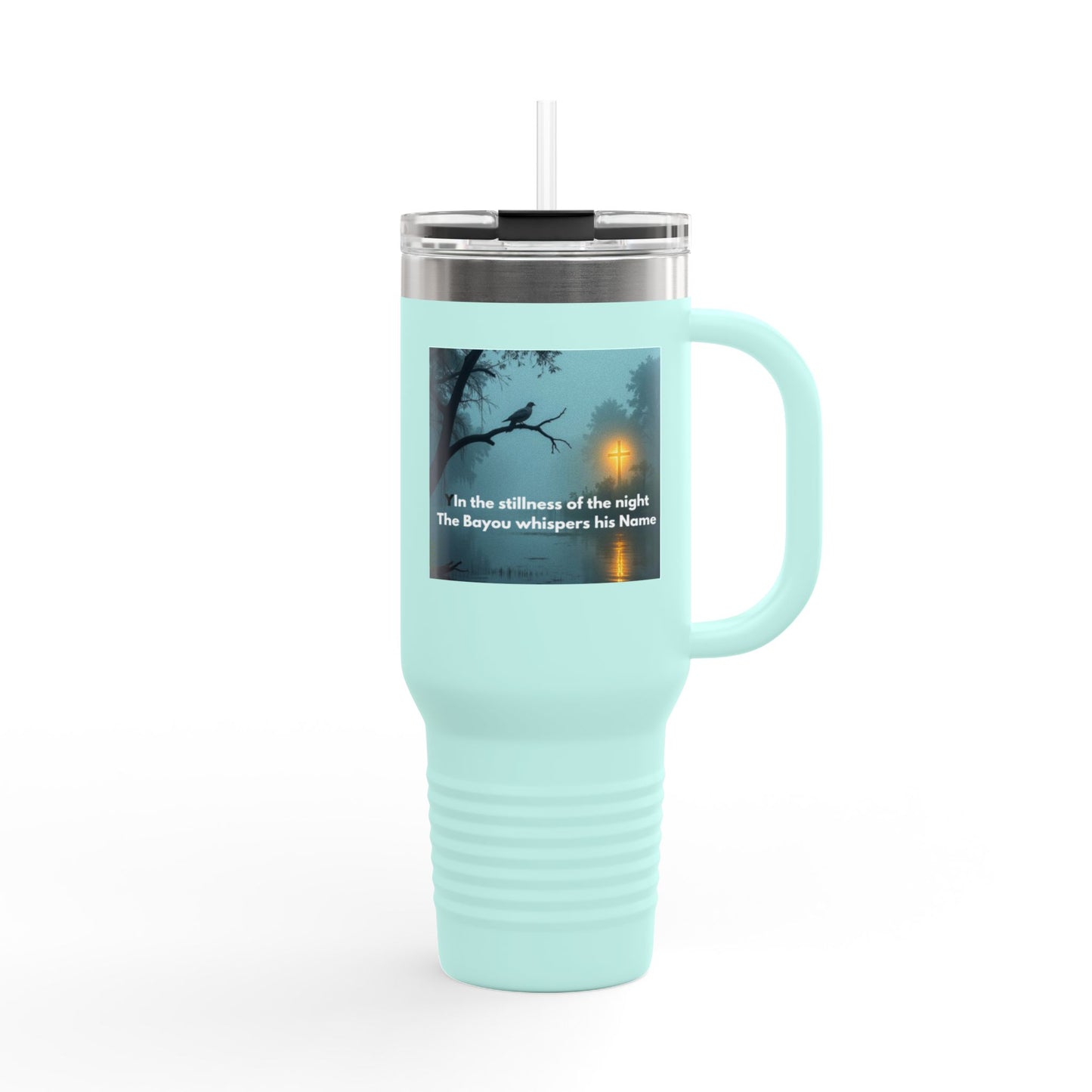 40oz Insulated Travel Mug — 'In the Stillness of the Night' Forest Quote Design