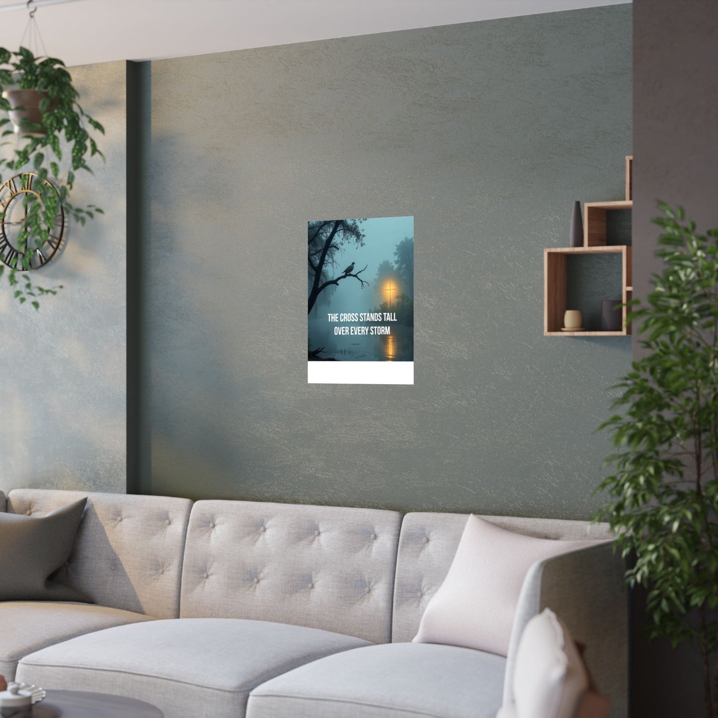 Satin Poster — "The Cross Stands Tall Over Every Storm" Inspirational Christian Wall Art