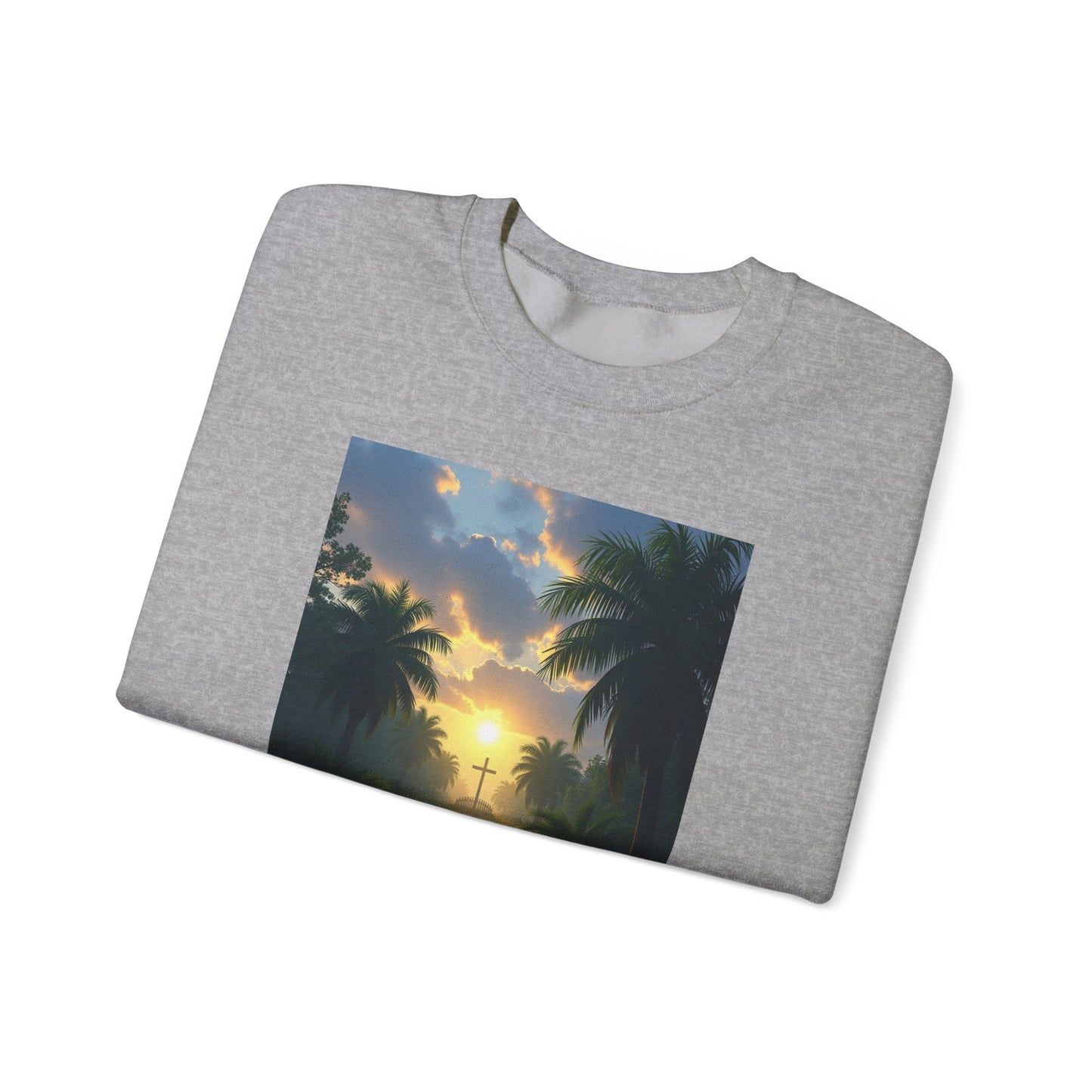 Sunset Palm Cross Sweatshirt — 'In the stillness of the night, The Bayou you whisper Grace'