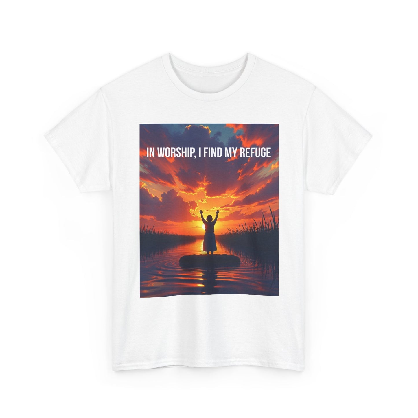 Worship Refuge T-Shirt — "In Worship, I Find My Refuge" Sunset Silhouette Christian Tee