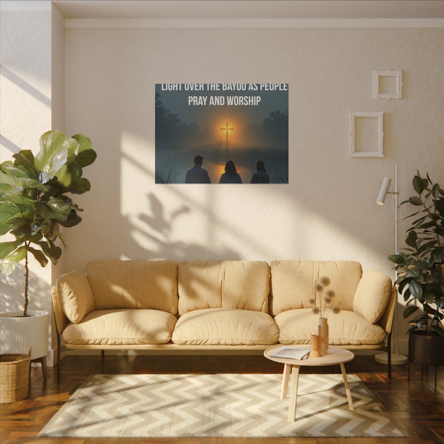 Faith Wall Art Canvas — “The Light of the Cross Puts Light Over the Bayou as People Pray and Worship”