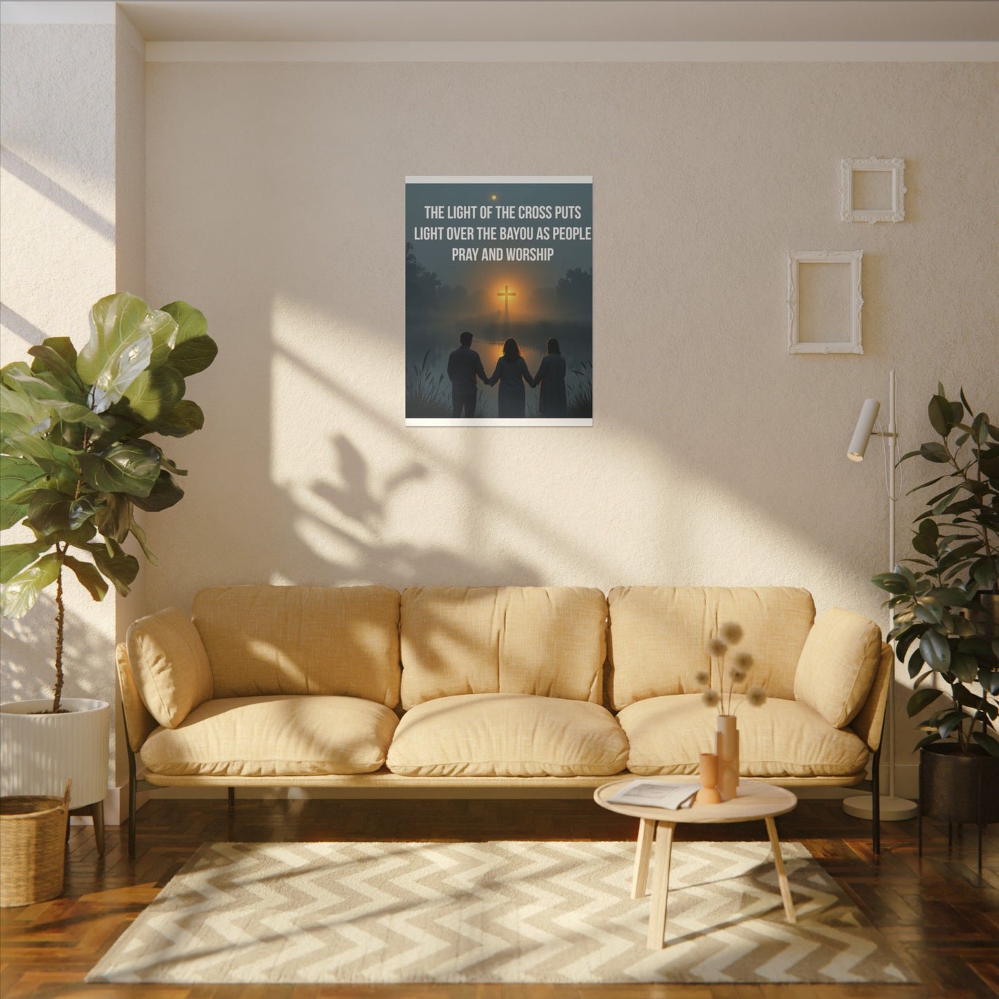 Faith Wall Art Canvas — “The Light of the Cross Puts Light Over the Bayou as People Pray and Worship”