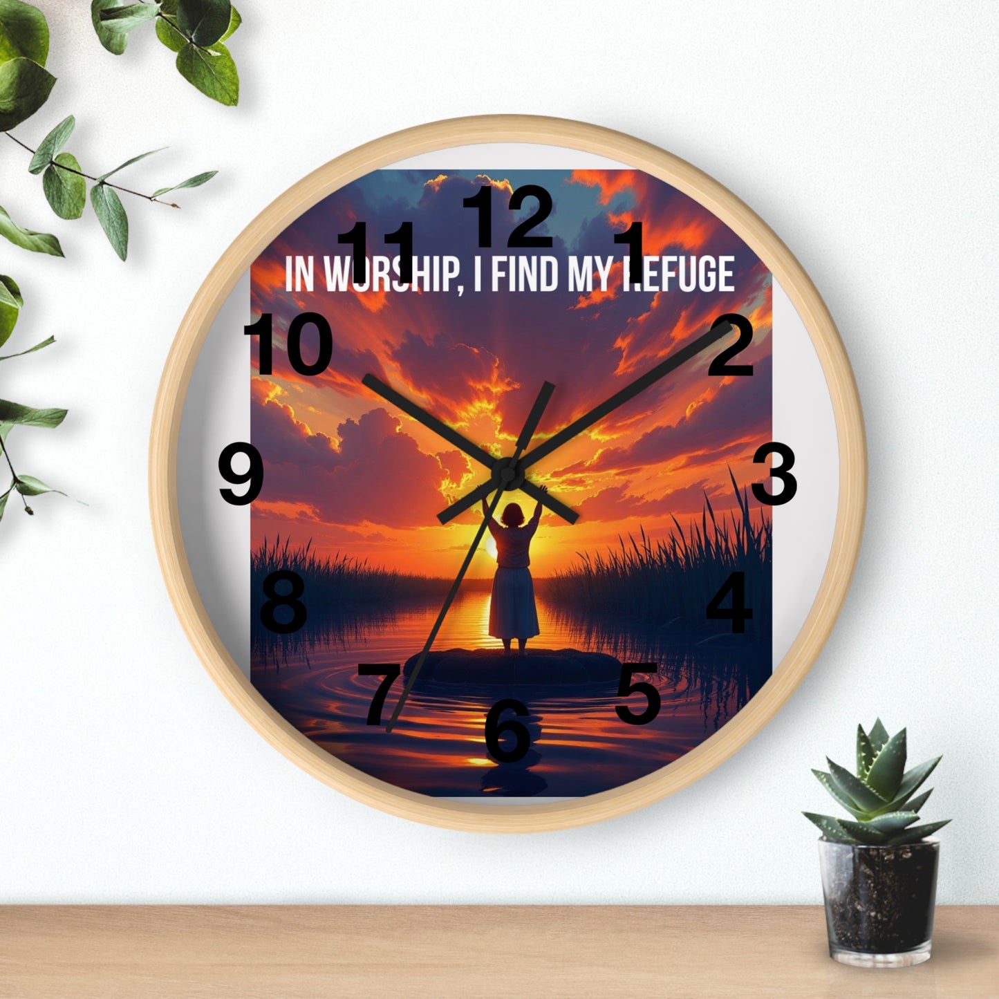 Wall Clock — "In Worship, I Find My Refuge" Sunset Silhouette Christian Clock