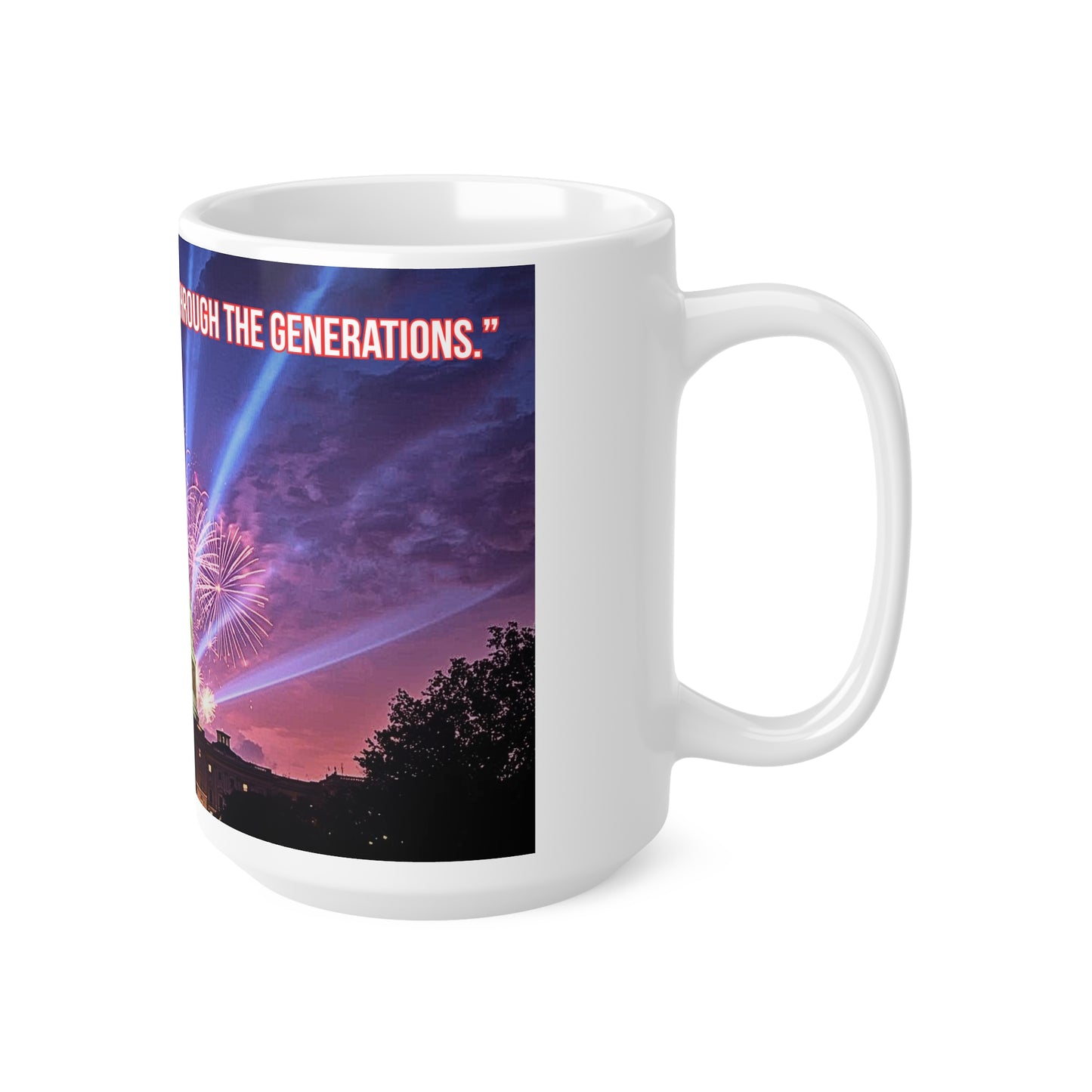 Ceramic Mug — Washington Capitol with Fireworks & Quote “Where Freedom’s Voice Echoes Through the Stars” (11oz / 15oz)