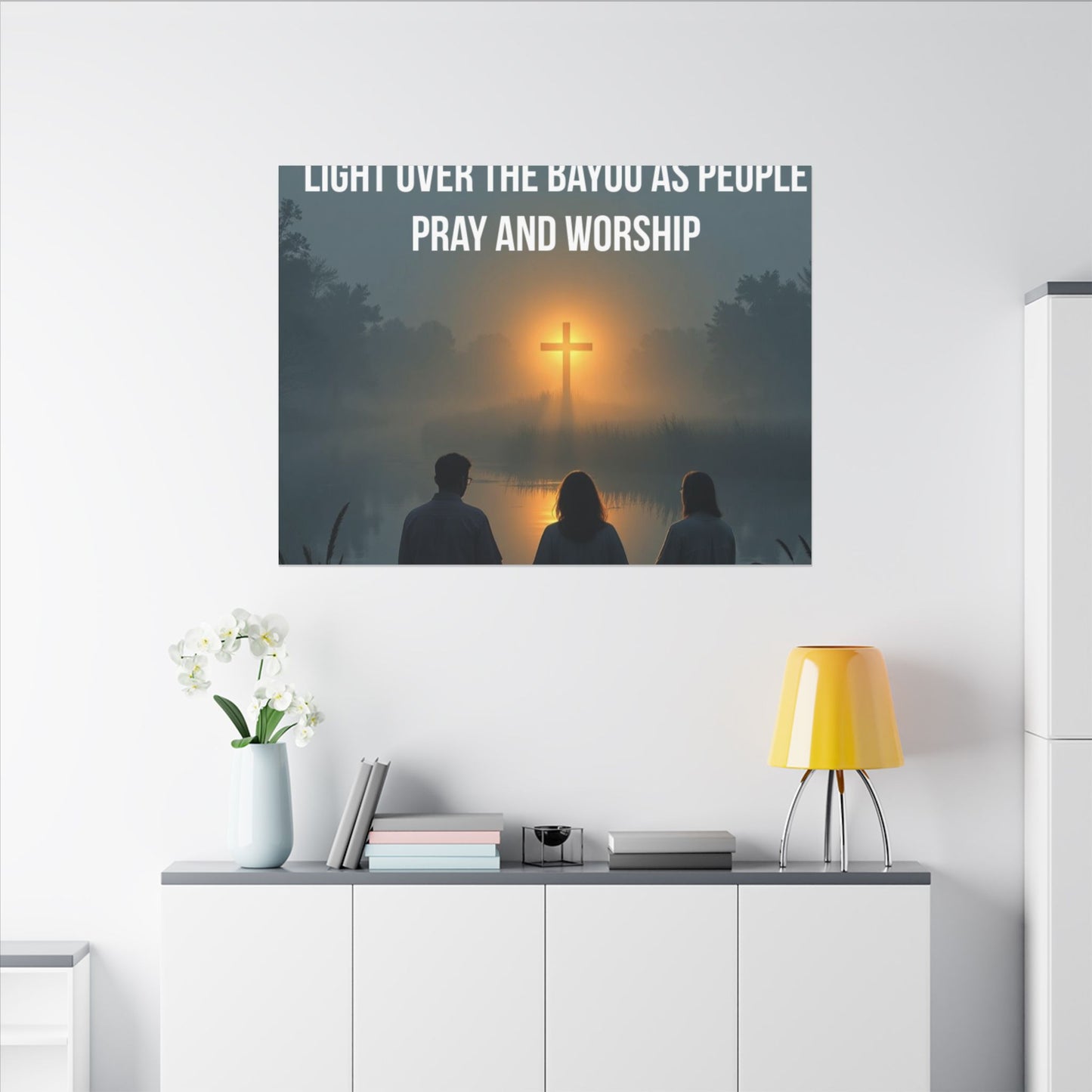 Faith Wall Art Canvas — “The Light of the Cross Puts Light Over the Bayou as People Pray and Worship”