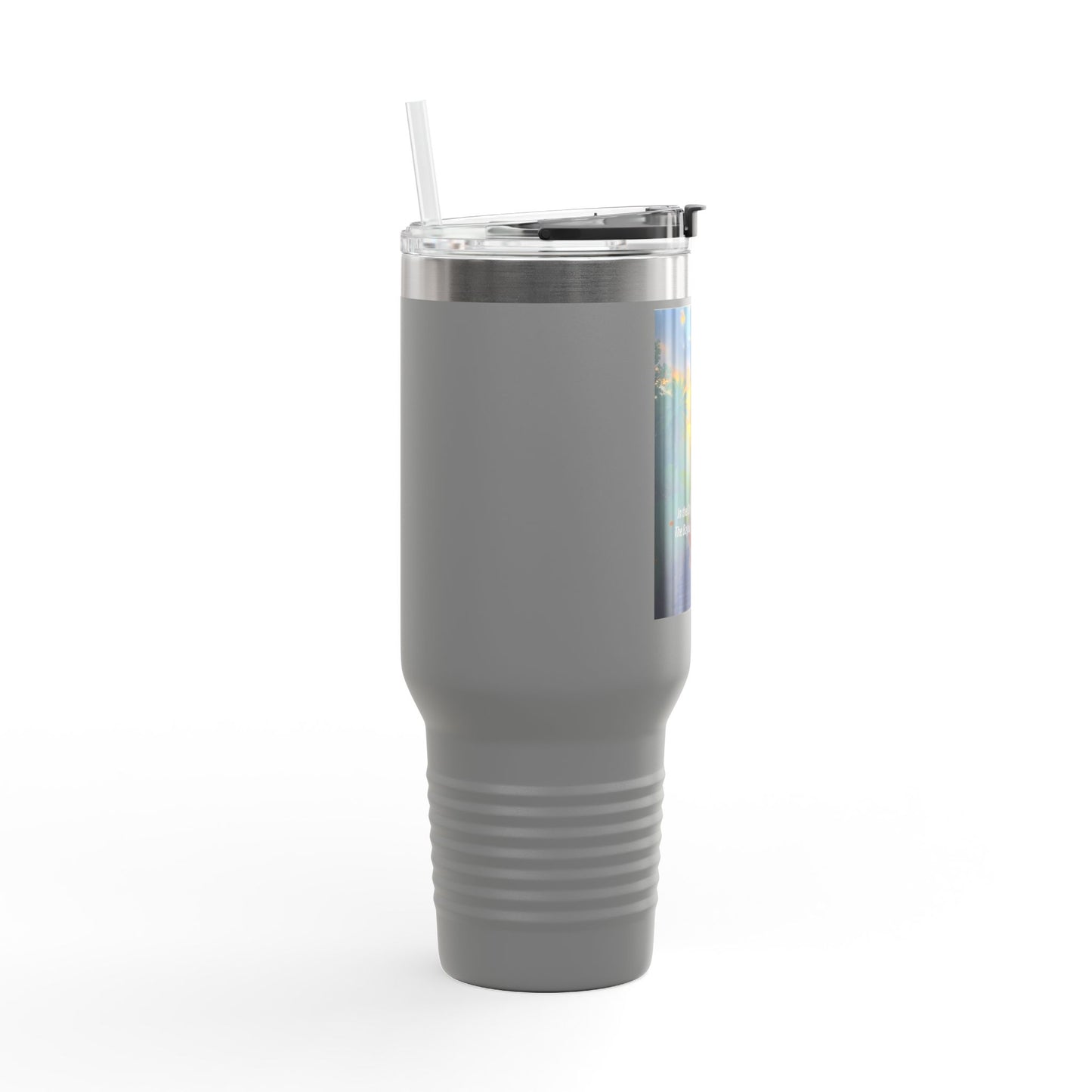 40oz Insulated Travel Mug — Tropical Sunset Design with Inspirational Quote