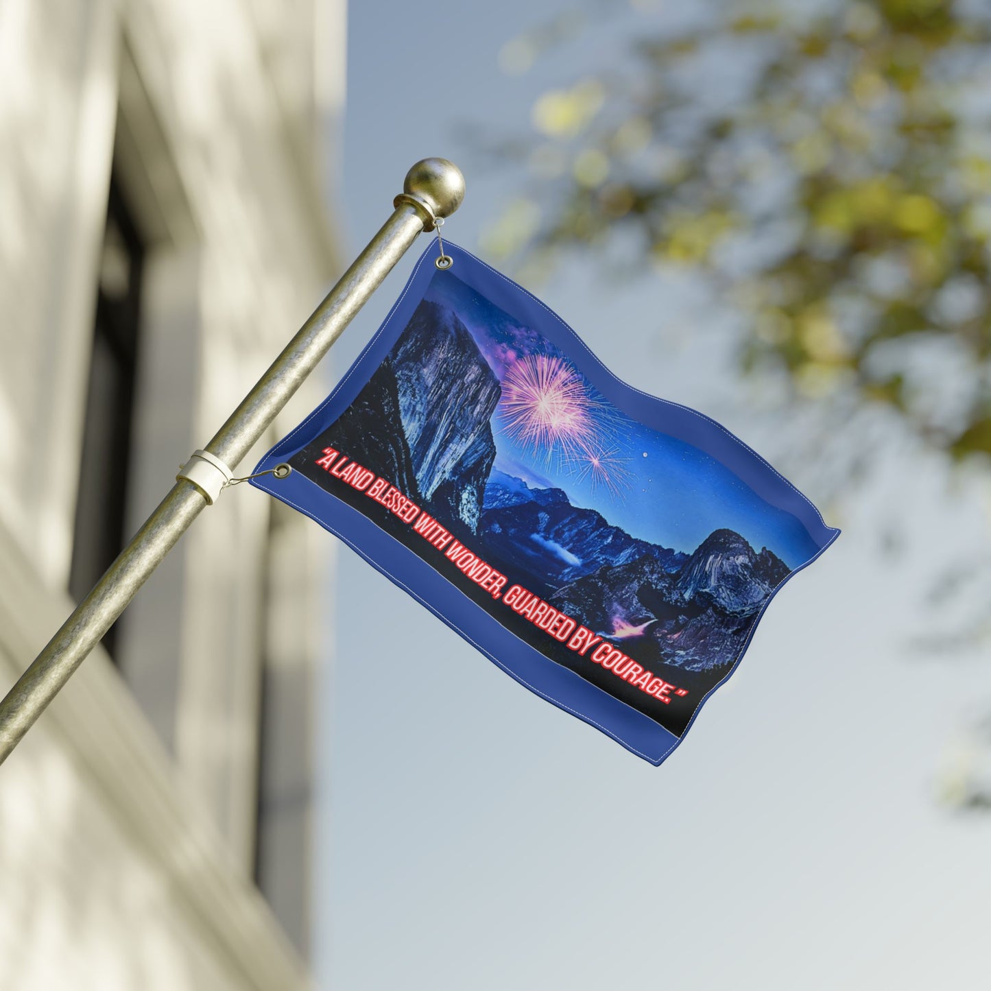Patriotic Fireworks Yosemite Double-Sided Flag — "A Land Blessed With Wonder, Guarded By Courage"