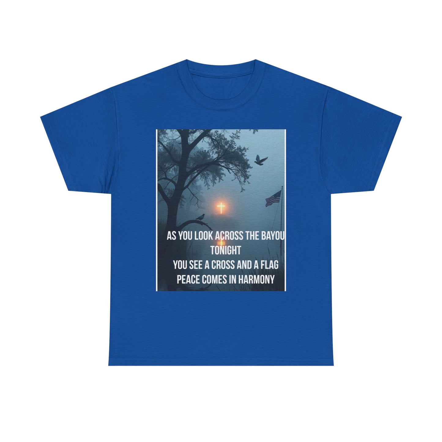T-Shirt — Bayou Sunset Cross & Flag Graphic Tee ("As You Look Across the Bayou Tonight")