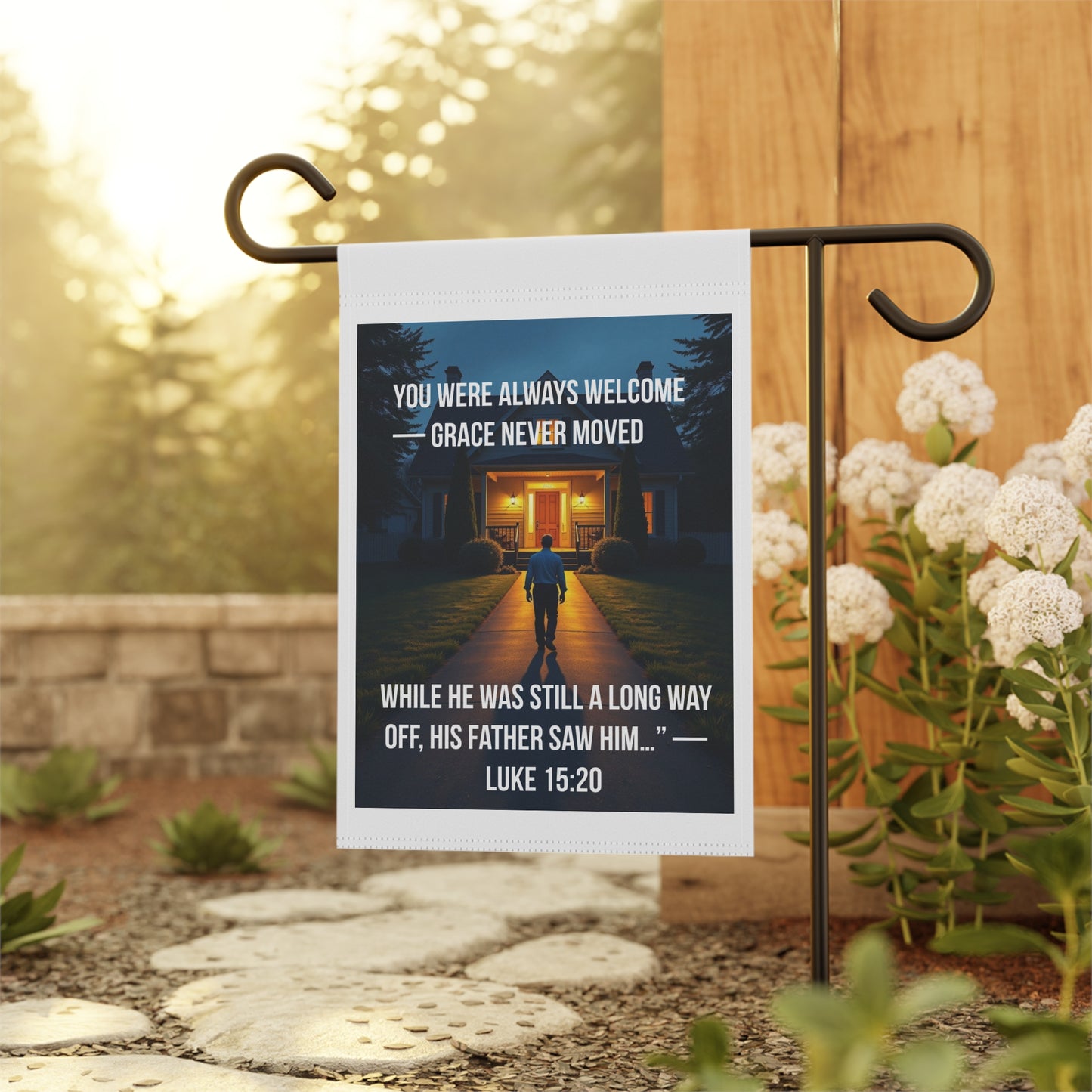 Christian Welcome Garden Flag – “You Were Always Welcome, Grace Never Moved” (Luke 15:20)
