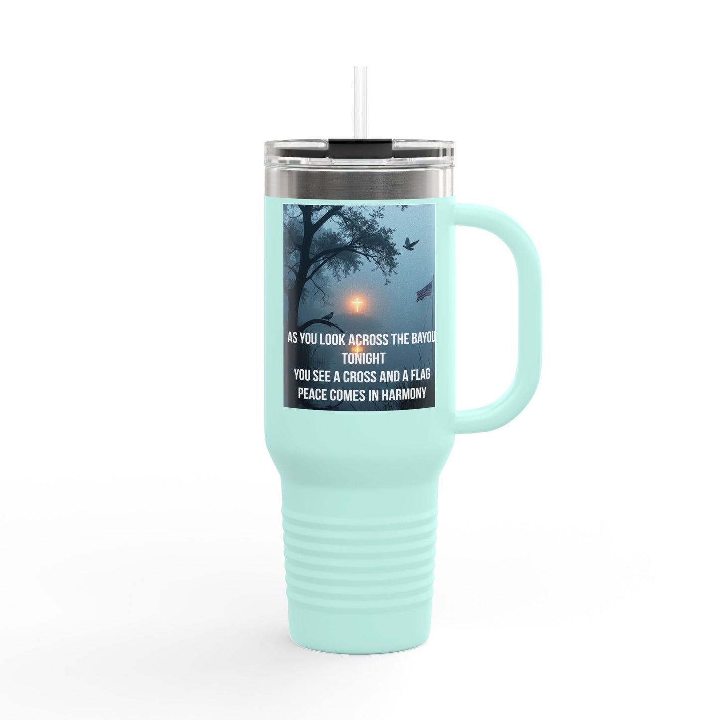 40oz Insulated Travel Mug — Scenic Sunset Peace Quote Design