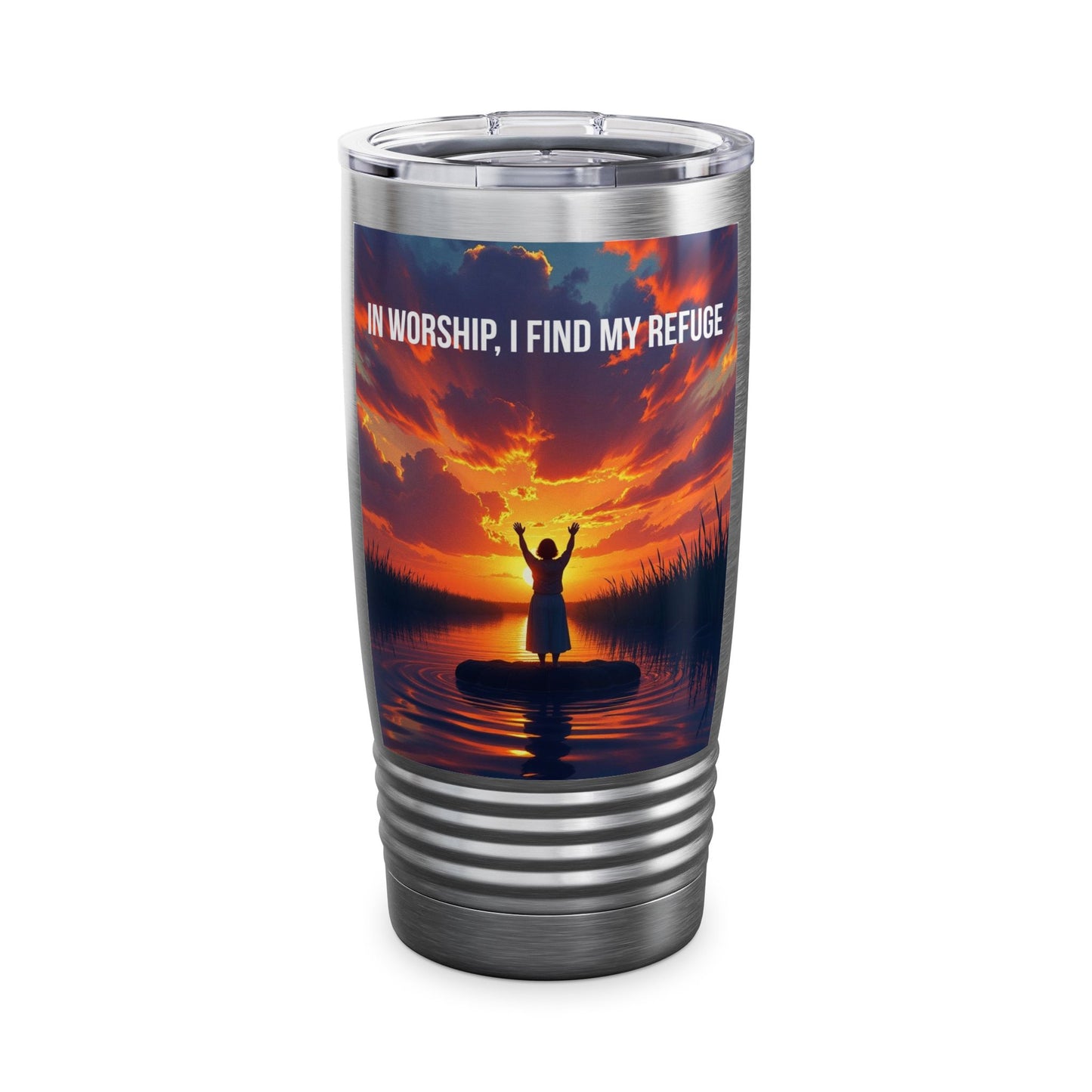 Worship Sunset 20oz Tumbler — "In Worship, I Find My Refuge" Inspirational Travel Mug
