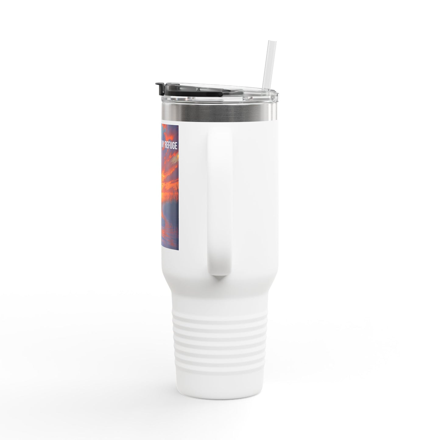 40oz Insulated Travel Mug — "In Worship I Find My Refuge" Sunset Paddleboard Design