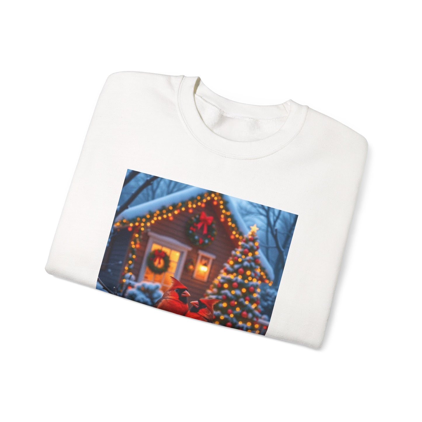 Two red cardinals perched outside a glowing cabin. The message, “Even in winter’s hush, His love sings bright,”