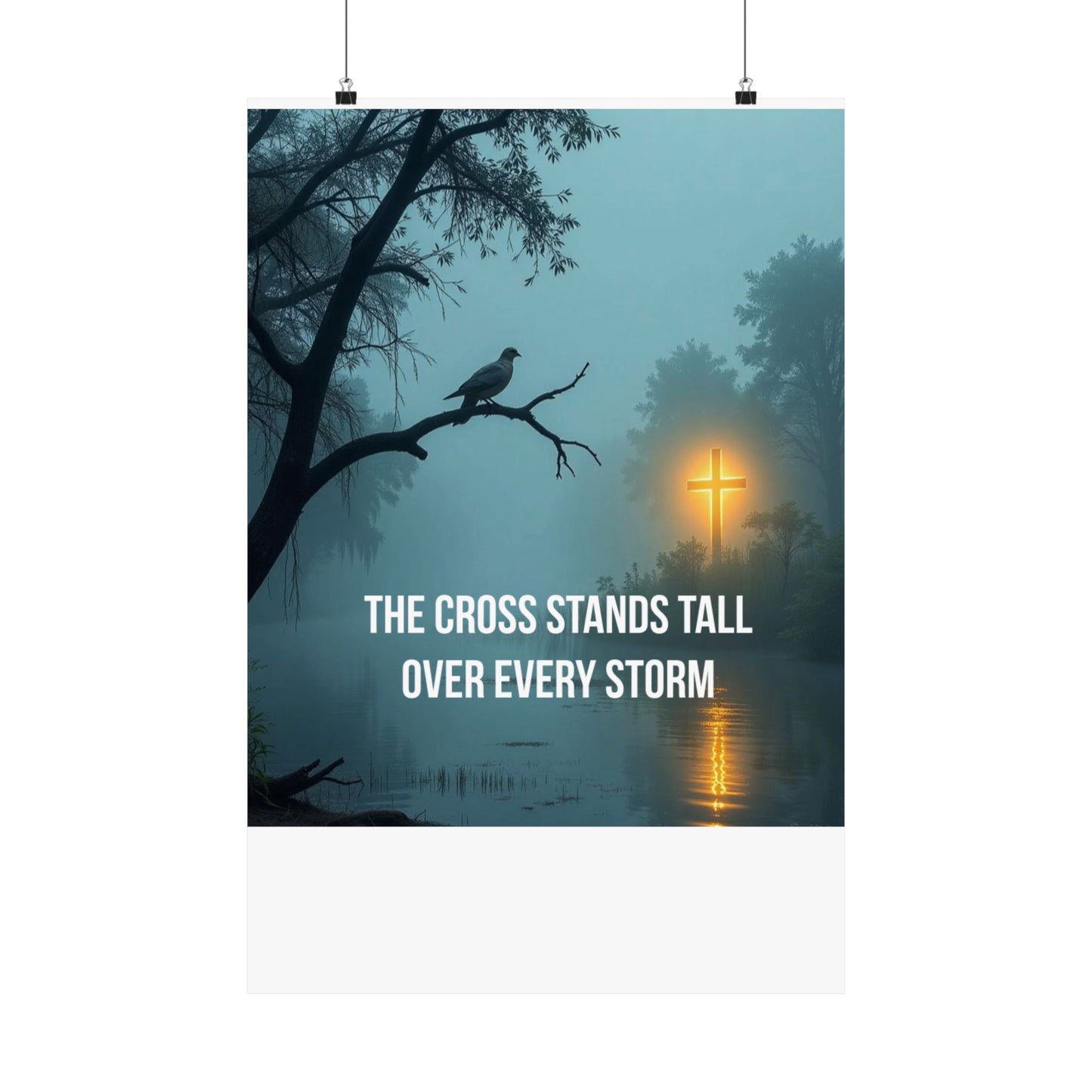 Satin Poster — "The Cross Stands Tall Over Every Storm" Inspirational Christian Wall Art
