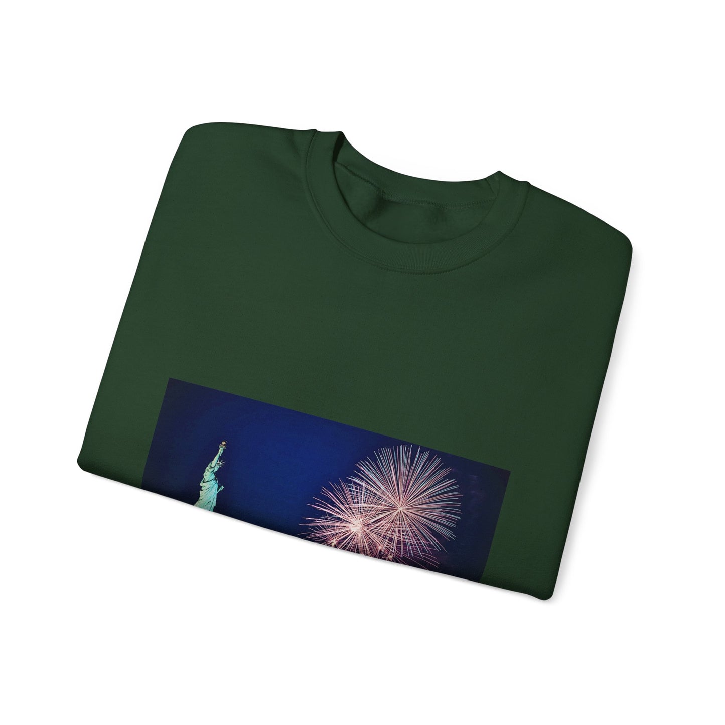 Liberty Night Crewneck Sweatshirt — Statue of Liberty Fireworks "Her Torch Still Lights the Path to Freedom"