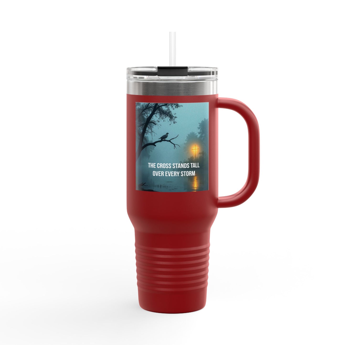 40oz Insulated Travel Mug — "The Cross Stands Tall Over Every Storm" Scenic Faith Design